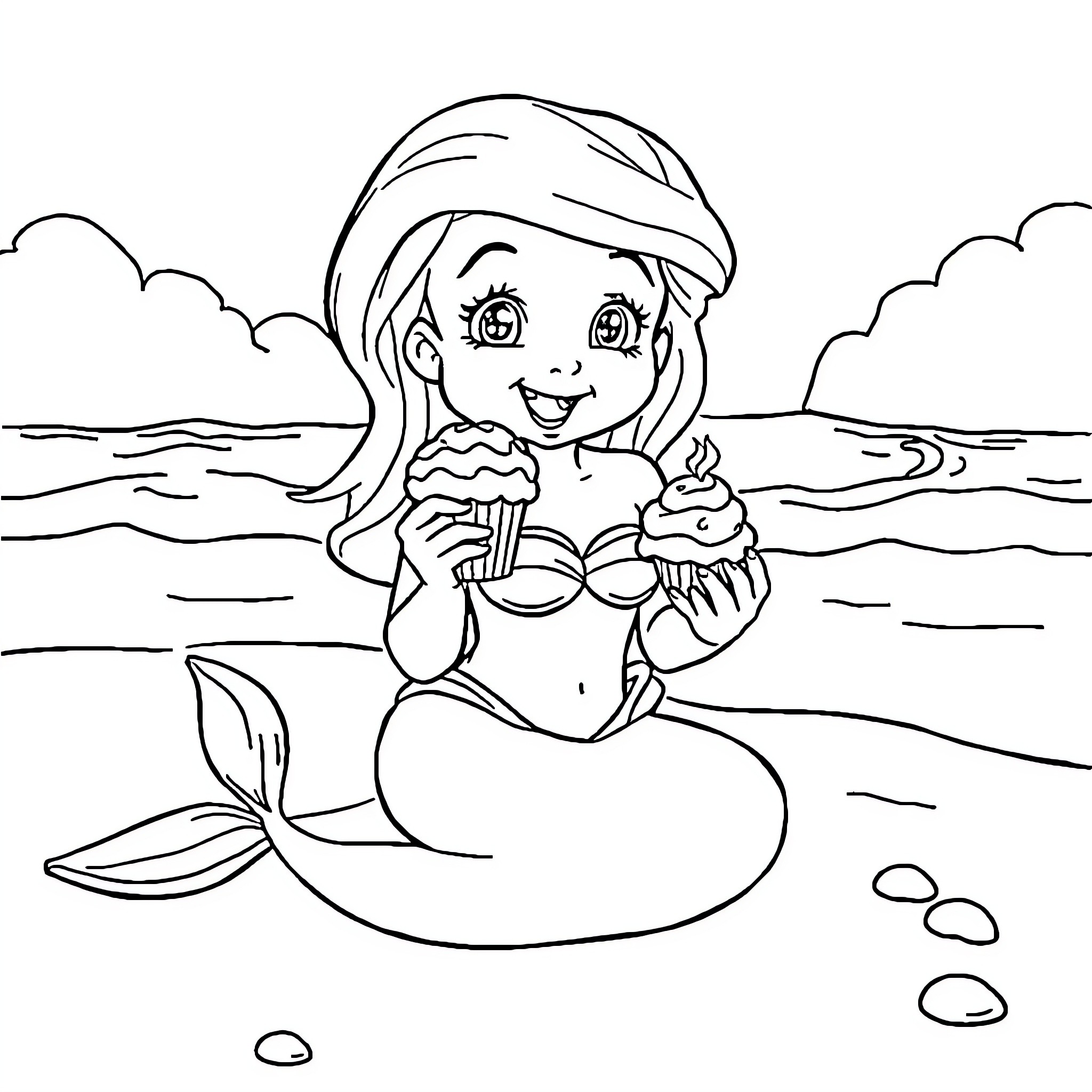 Mermaid enjoying a cupcake by the sea Coloring Page (free black-and-white line drawing printable PDF for all, from beginners to advanced learners, including children, teens, adults, and seniors)