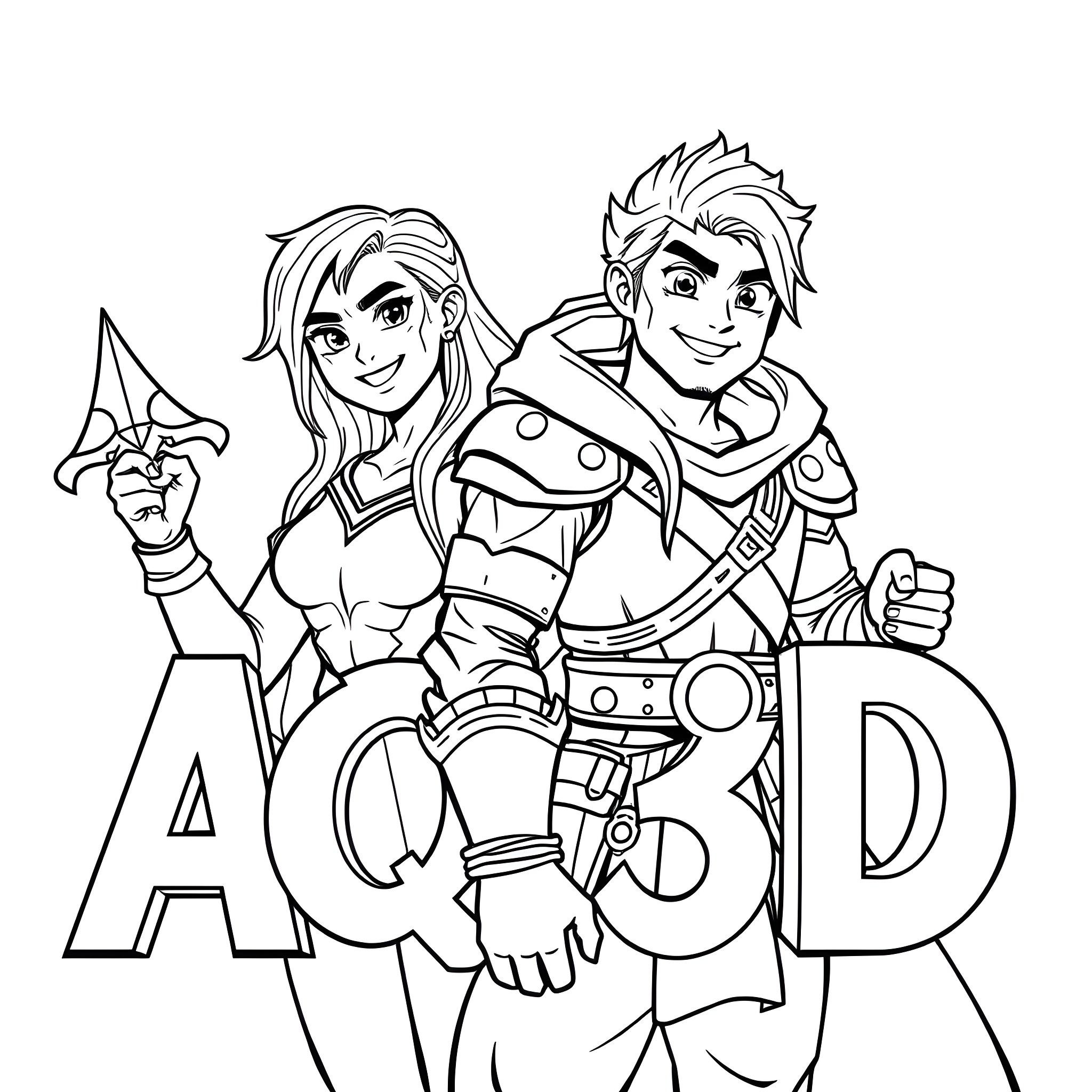 Warrior and Mage in Action Pose Coloring Page (free black-and-white line drawing printable PDF for all, from beginners to advanced learners, including children, teens, adults, and seniors)