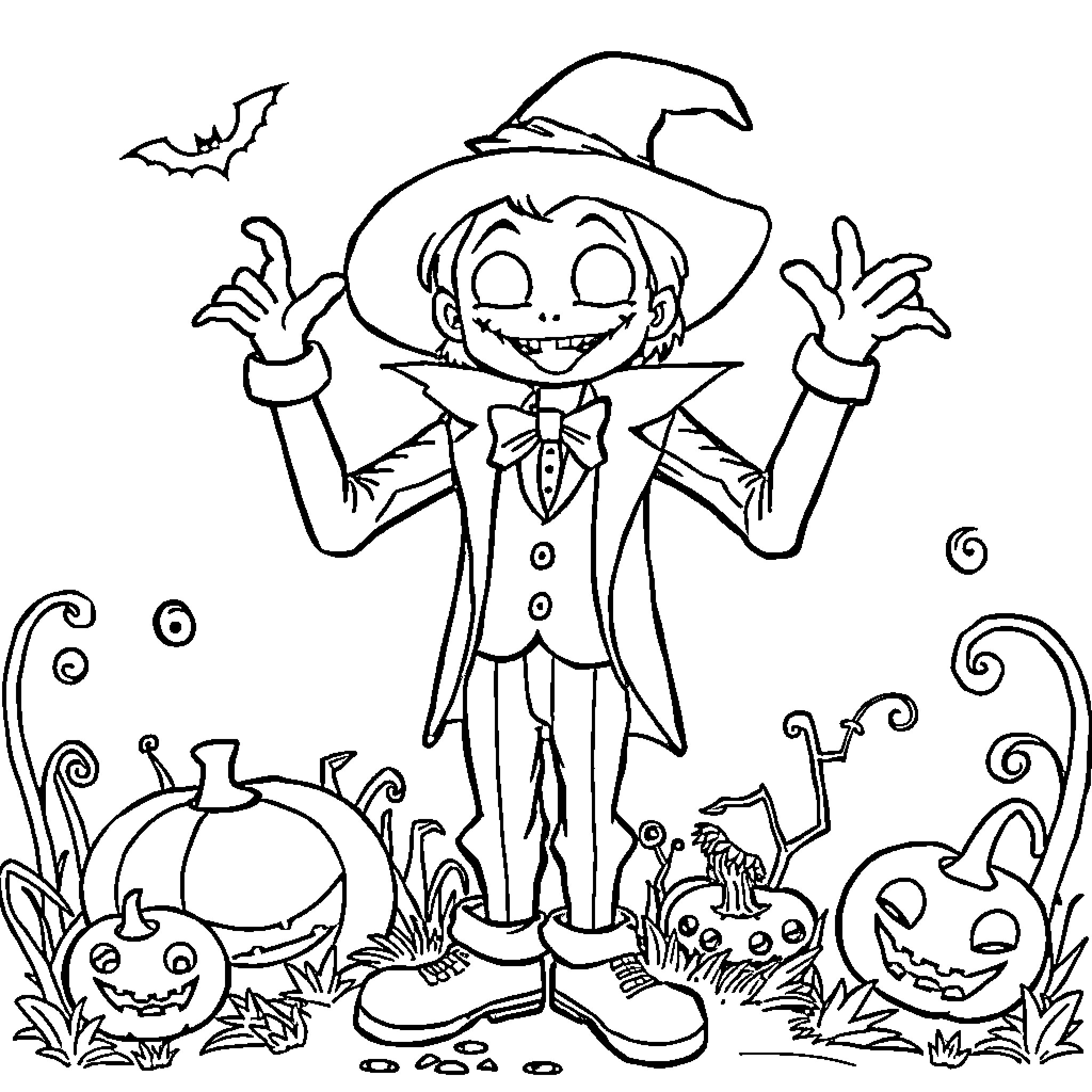 Jack's Spooky Halloween Adventure Coloring Page (free black-and-white line drawing printable PDF for all, from beginners to advanced learners, including children, teens, adults, and seniors)