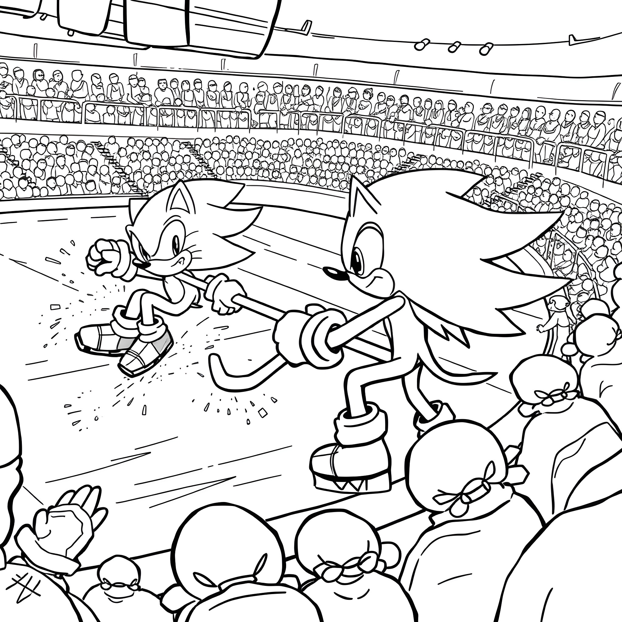 Sonic Characters in a Sports Arena Coloring Page (free black-and-white line drawing printable PDF for all, from beginners to advanced learners, including children, teens, adults, and seniors)