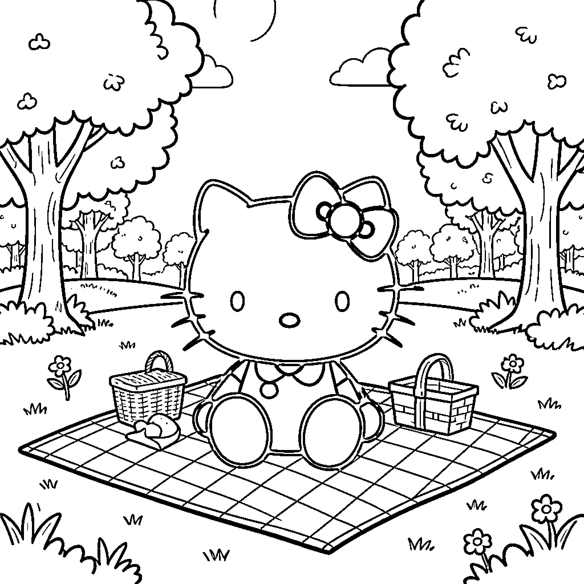 Hello Kitty enjoying a picnic in the park Coloring Page (free black-and-white line drawing printable PDF for all, from beginners to advanced learners, including children, teens, adults, and seniors)