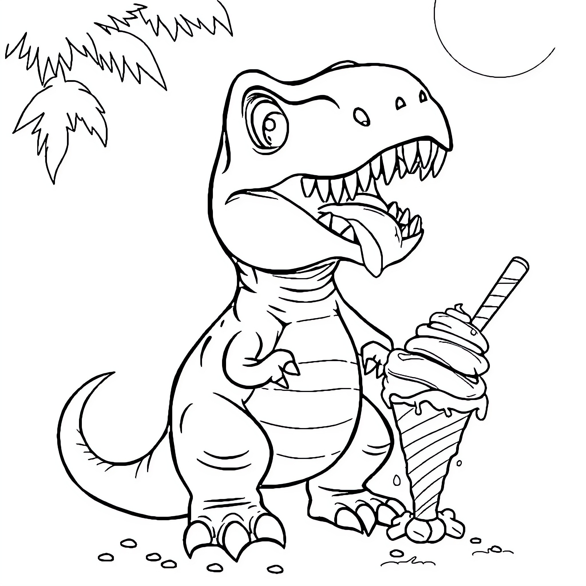 Indominus Rex enjoying an ice cream cone Coloring Page (free black-and-white line drawing printable PDF for all, from beginners to advanced learners, including children, teens, adults, and seniors)
