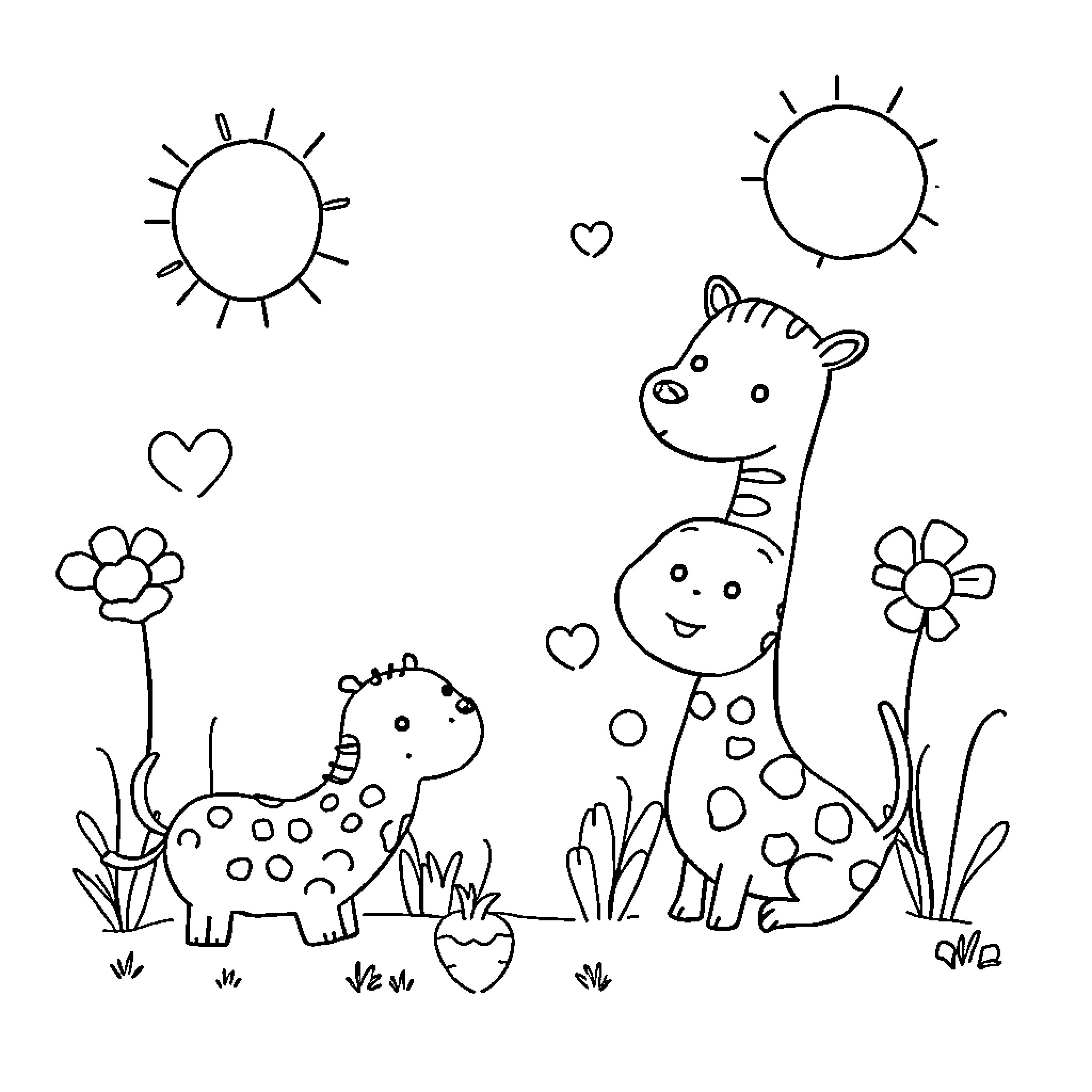 Kid's Playful Cartoon Creatures Coloring Page (free black-and-white line drawing printable PDF for all, from beginners to advanced learners, including children, teens, adults, and seniors)