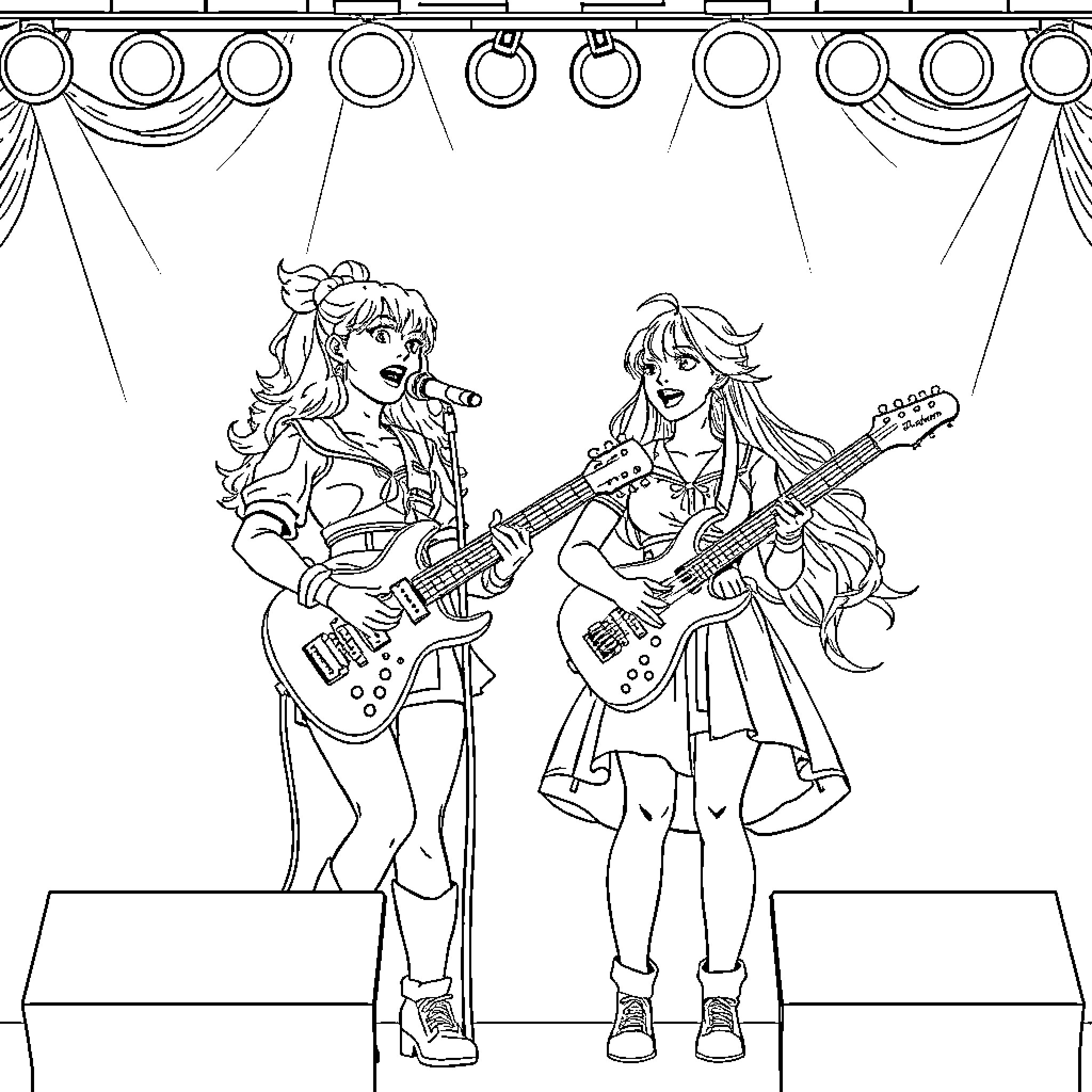 Kpop Warriors Rocking the Stage with Passion Coloring Page (free black-and-white line drawing printable PDF for all, from beginners to advanced learners, including children, teens, adults, and seniors)