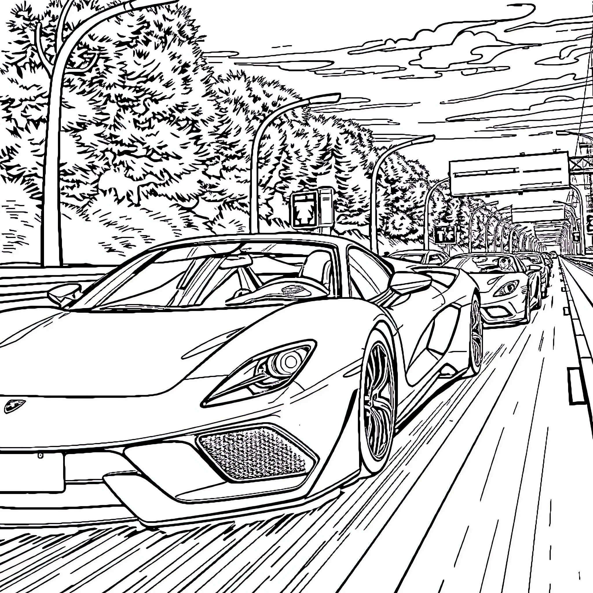Sports Car Speeding Through City Streets Coloring Page (free black-and-white line drawing printable PDF for all, from beginners to advanced learners, including children, teens, adults, and seniors)