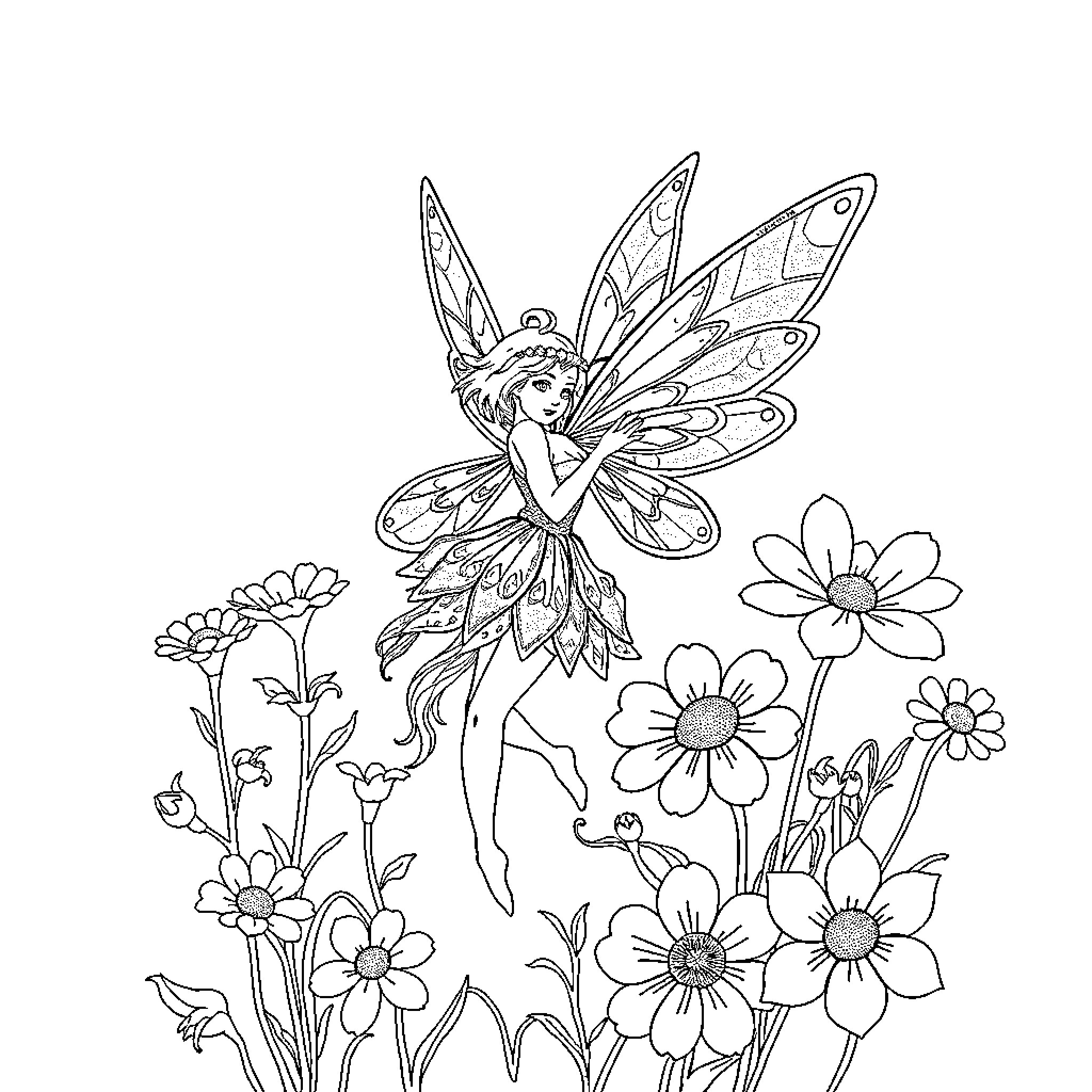 Fairy dancing amidst whimsical flowers Coloring Page (free black-and-white line drawing printable PDF for all, from beginners to advanced learners, including children, teens, adults, and seniors)