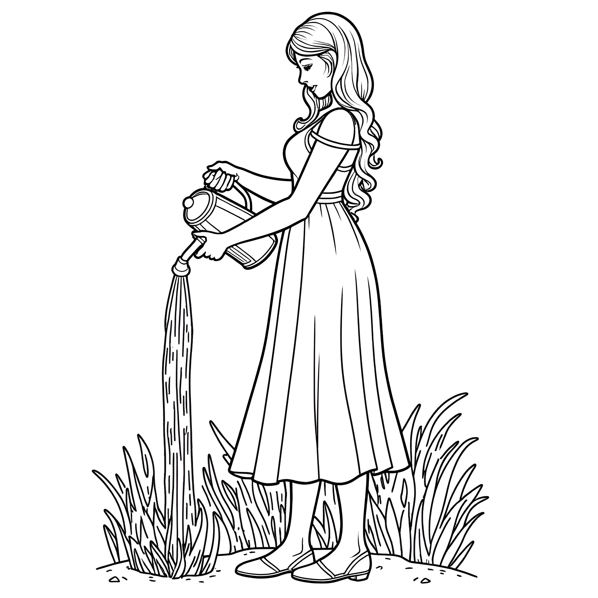 Lady watering flowers in the garden Coloring Page (free black-and-white line drawing printable PDF for all, from beginners to advanced learners, including children, teens, adults, and seniors)