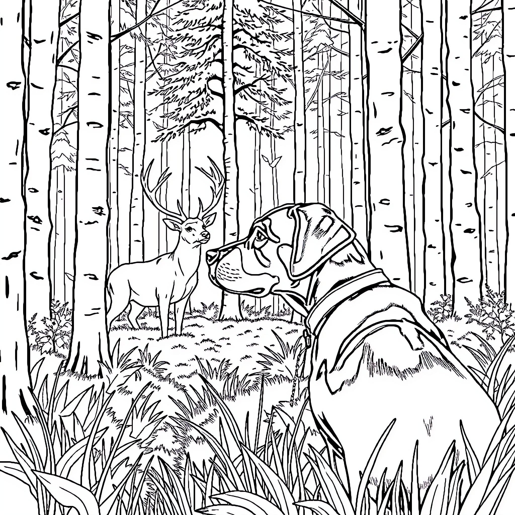 Lab Animals Exploring the Forest Coloring Page (free black-and-white line drawing printable PDF for all, from beginners to advanced learners, including children, teens, adults, and seniors)