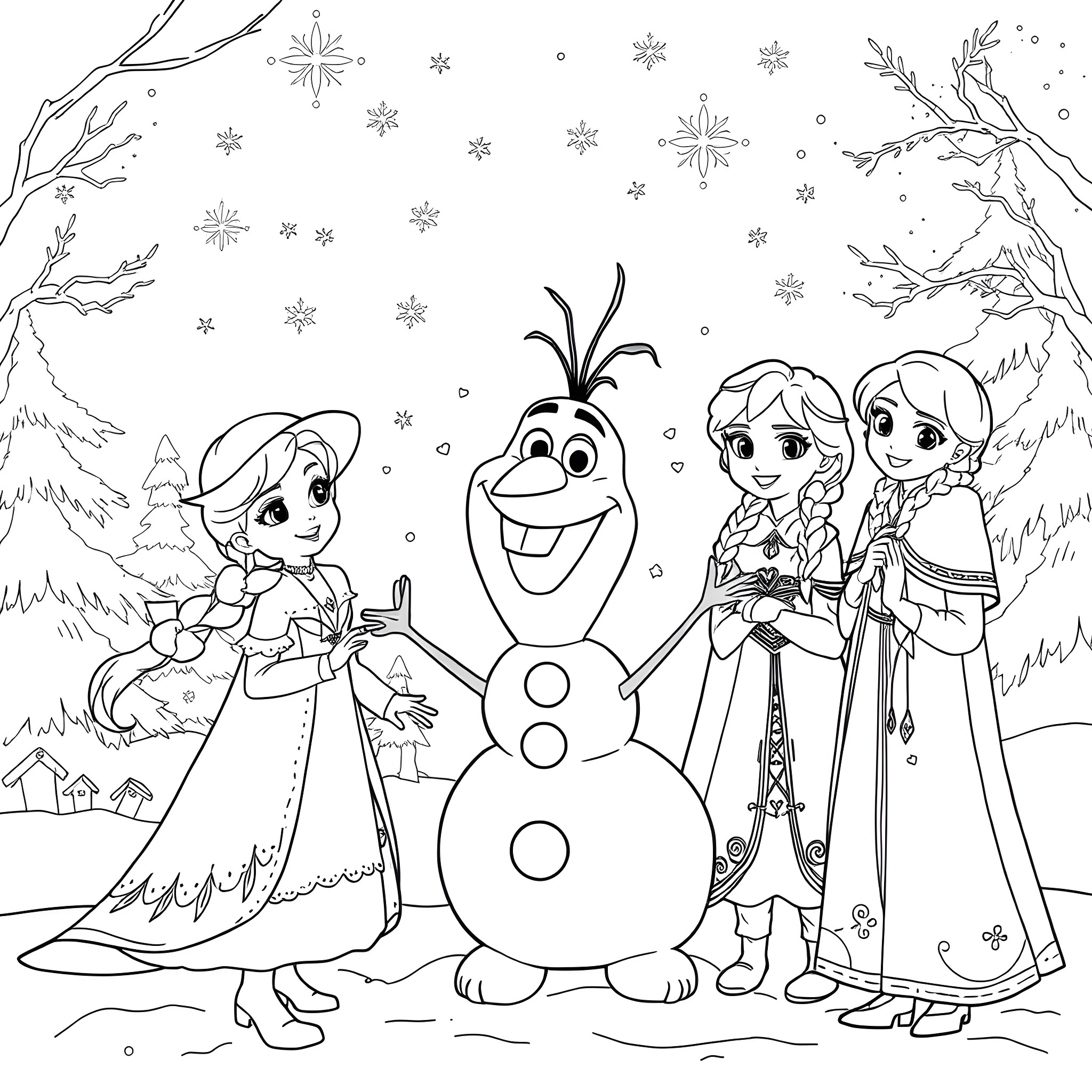 Skye's Frozen Friends Frolic in the Snowy Wonderland Coloring Page (free black-and-white line drawing printable PDF for all, from beginners to advanced learners, including children, teens, adults, and seniors)