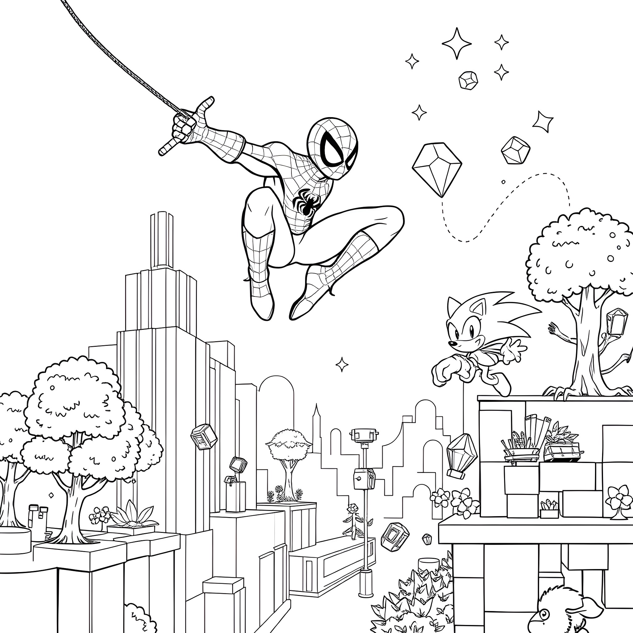 Spider-Man swinging through the city with Sonic the Hedgehog Coloring Page (free black-and-white line drawing printable PDF for all, from beginners to advanced learners, including children, teens, adults, and seniors)
