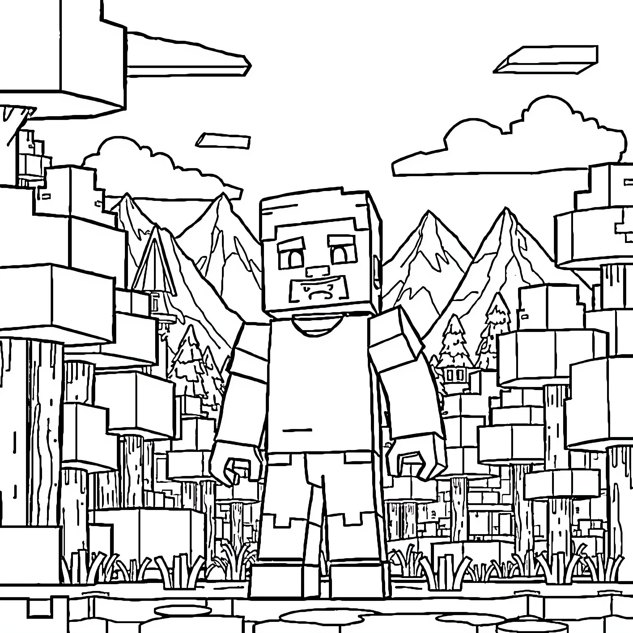 Steve exploring a pixelated fantasy landscape Coloring Page (free black-and-white line drawing printable PDF for all, from beginners to advanced learners, including children, teens, adults, and seniors)