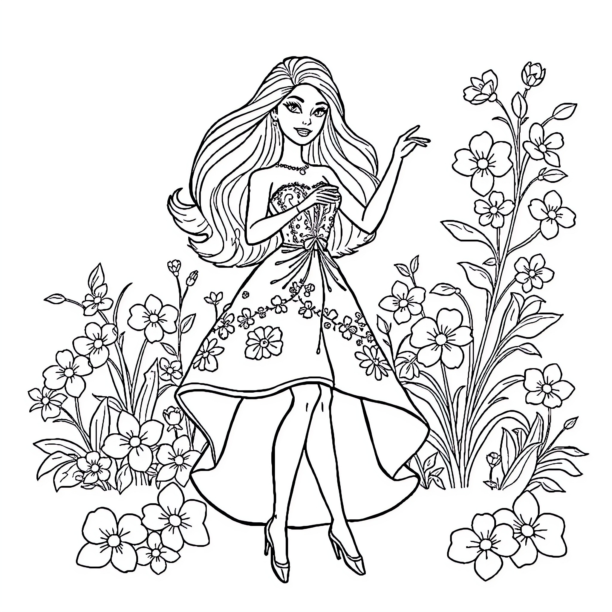 Barbie Surrounded by Flowers in Garden Pose Coloring Page (free black-and-white line drawing printable PDF for all, from beginners to advanced learners, including children, teens, adults, and seniors)