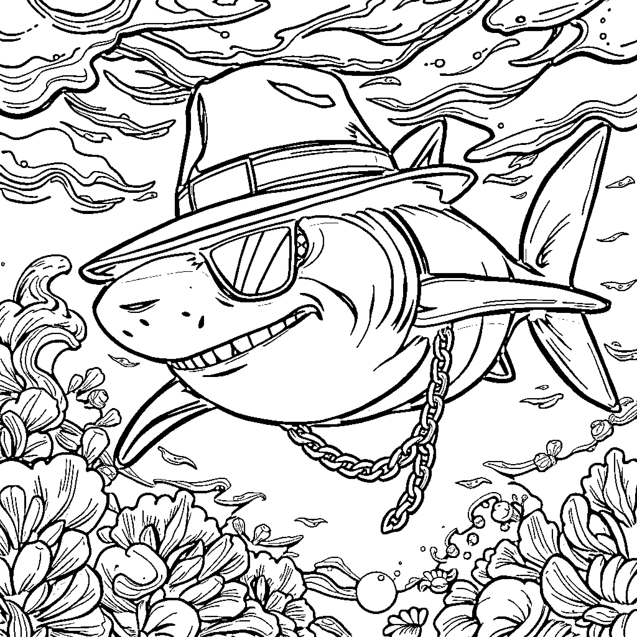 Shark wearing a hat and sunglasses in an underwater scene Coloring Page (free black-and-white line drawing printable PDF for all, from beginners to advanced learners, including children, teens, adults, and seniors)