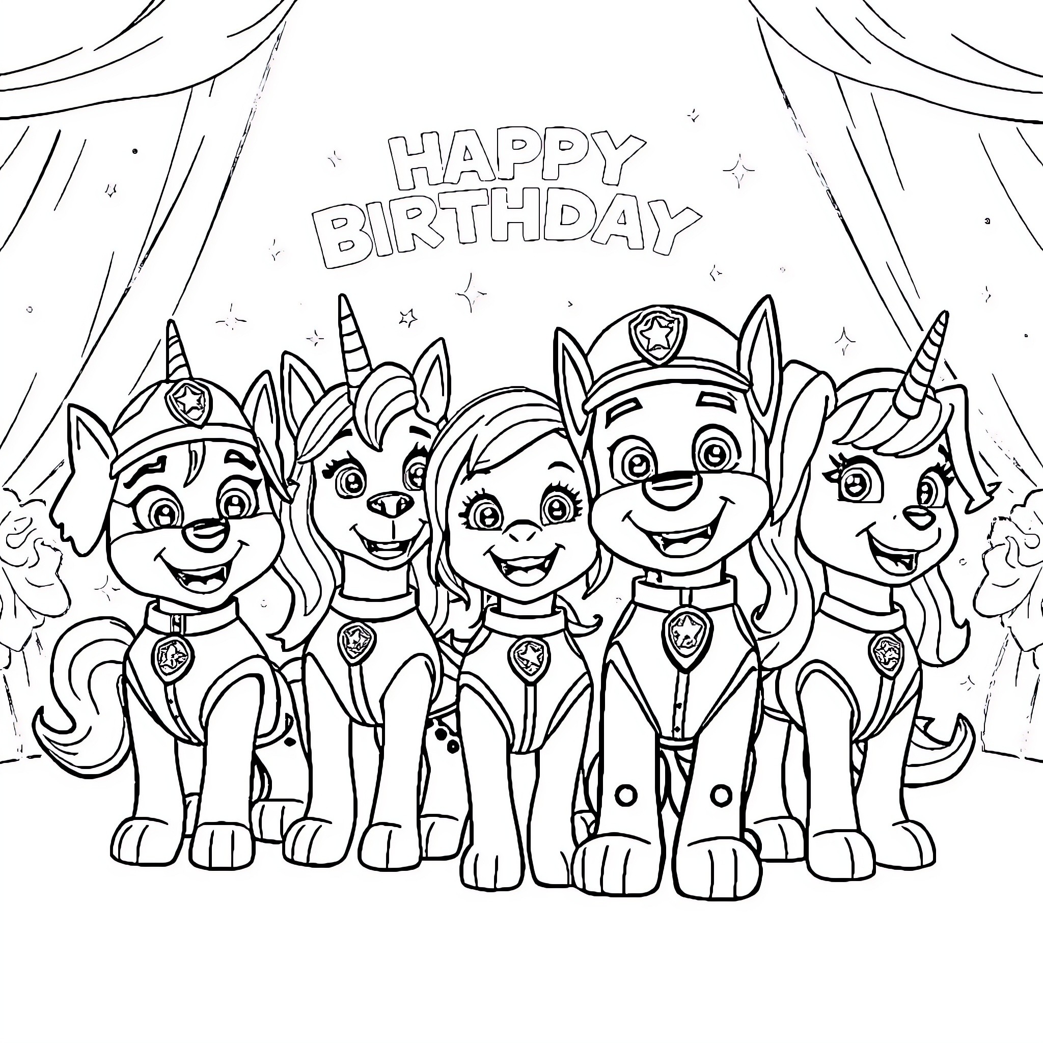 Paw Patrol characters celebrate a happy birthday Coloring Page (free black-and-white line drawing printable PDF for all, from beginners to advanced learners, including children, teens, adults, and seniors)