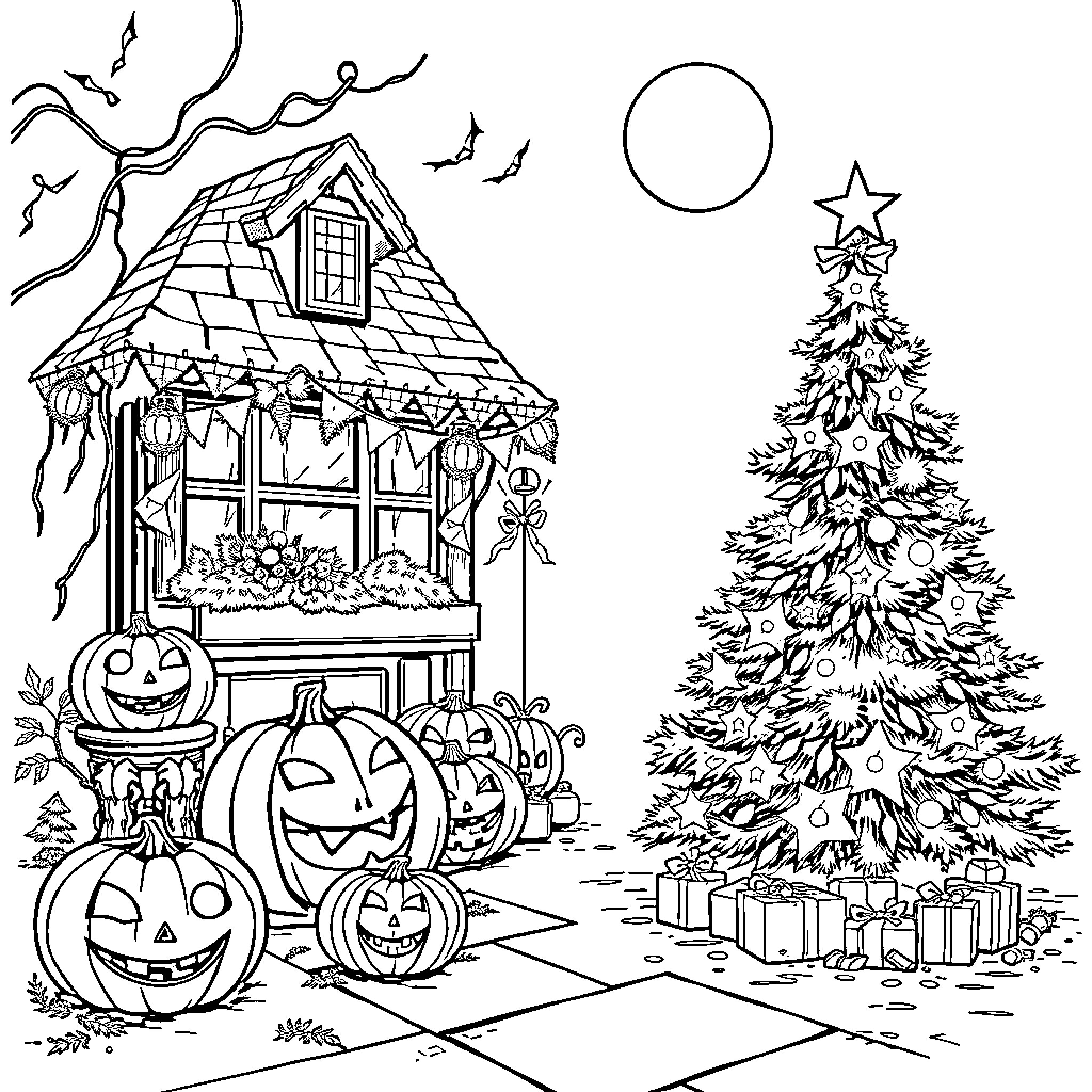 Halloween Scene with Haunted House and Christmas Tree Coloring Page (free black-and-white line drawing printable PDF for all, from beginners to advanced learners, including children, teens, adults, and seniors)