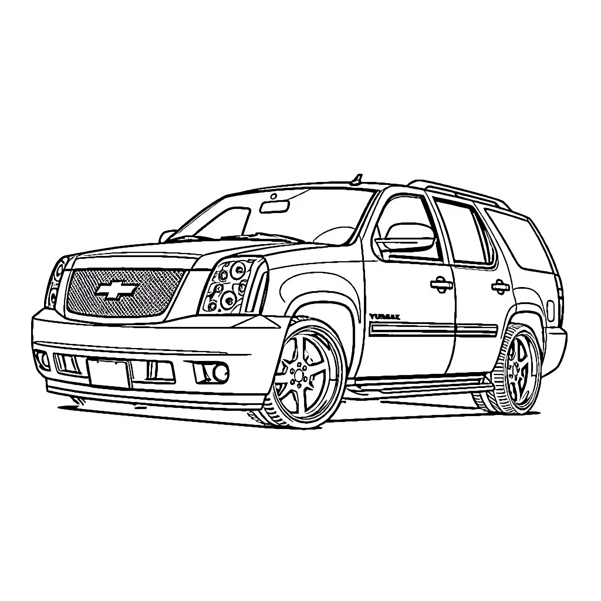 Yukon SUV in sporty black and white Coloring Page (free black-and-white line drawing printable PDF for all, from beginners to advanced learners, including children, teens, adults, and seniors)