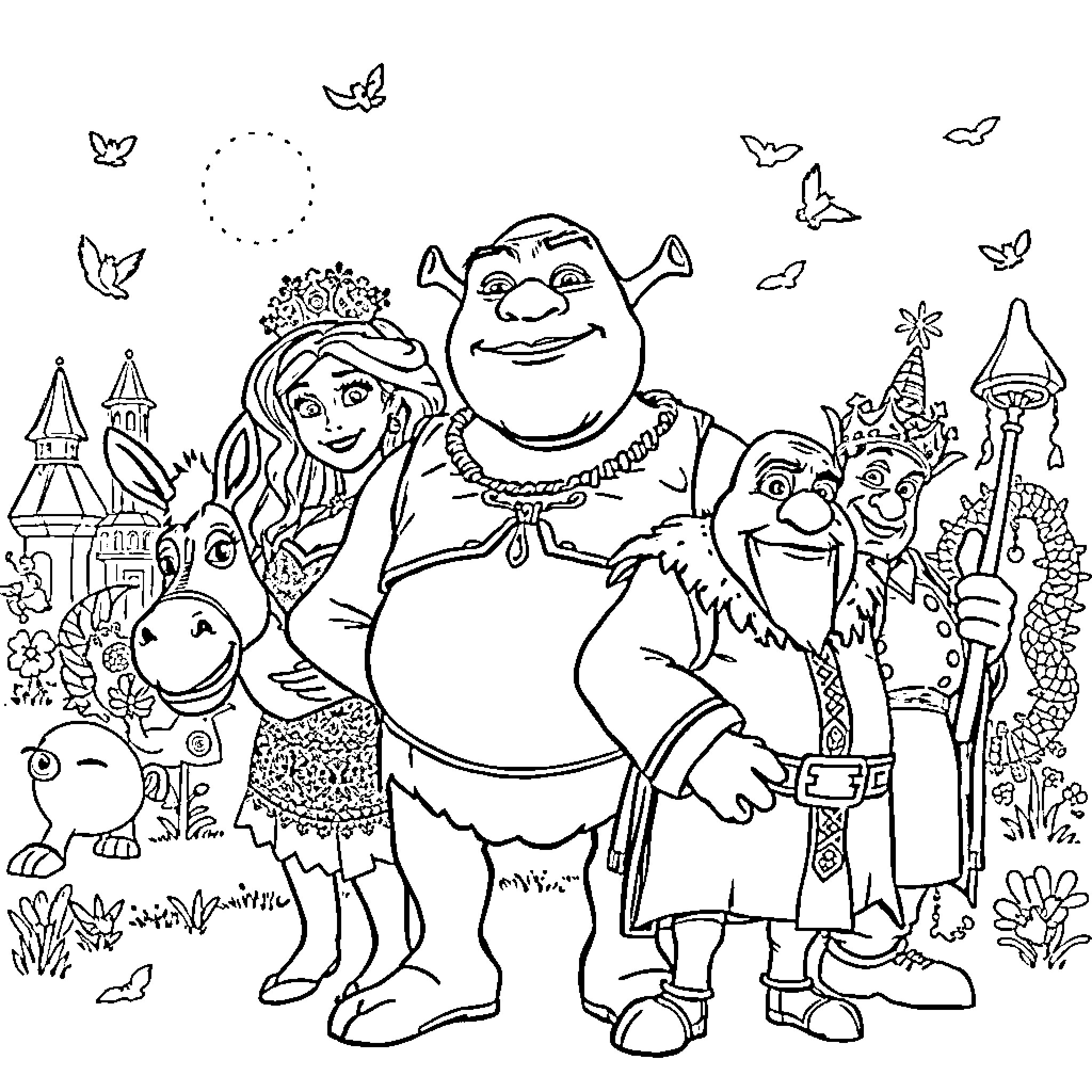 Shrek and friends in a fantastical scene Coloring Page (free black-and-white line drawing printable PDF for all, from beginners to advanced learners, including children, teens, adults, and seniors)