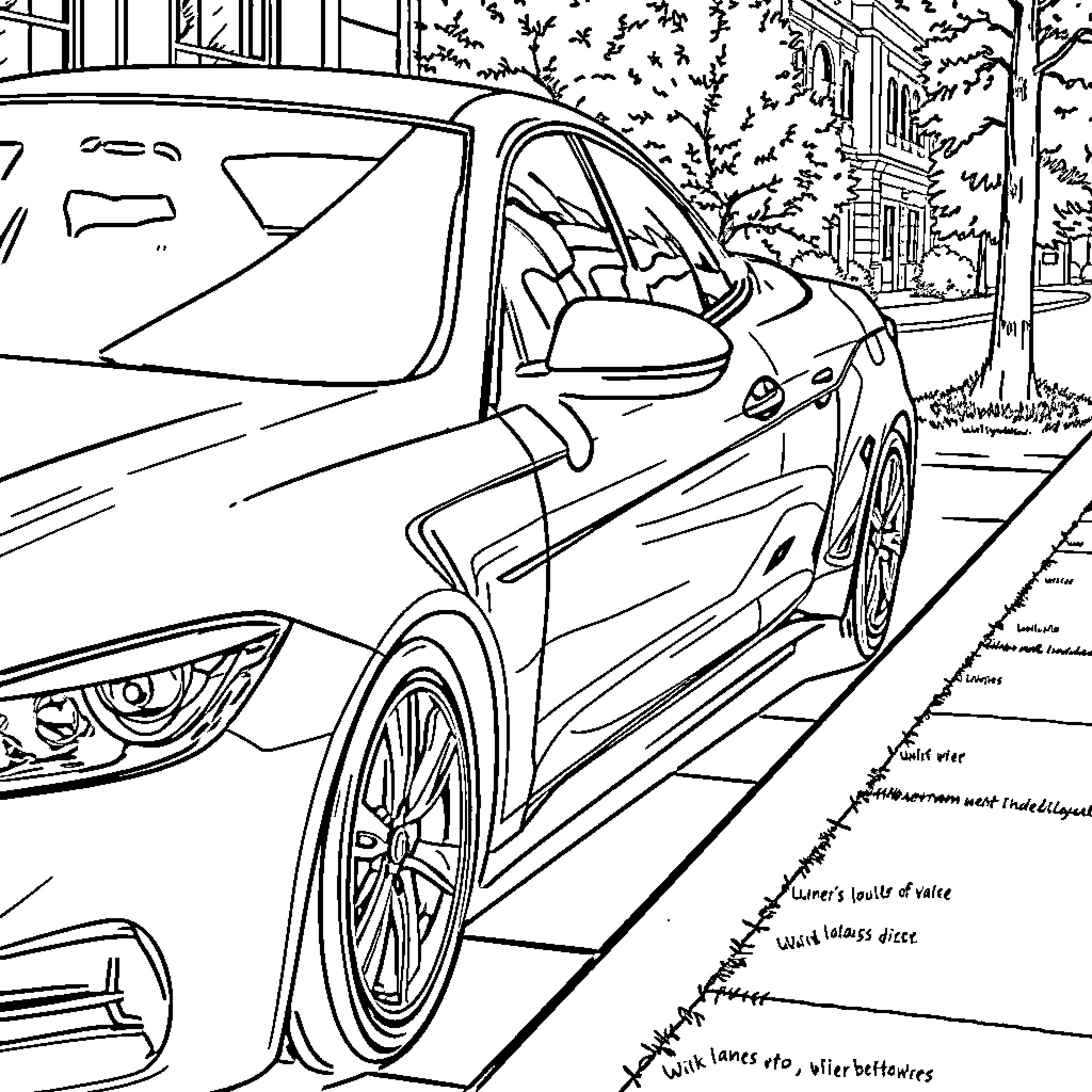 Car Parked on City Street with Trees Coloring Page (free black-and-white line drawing printable PDF for all, from beginners to advanced learners, including children, teens, adults, and seniors)