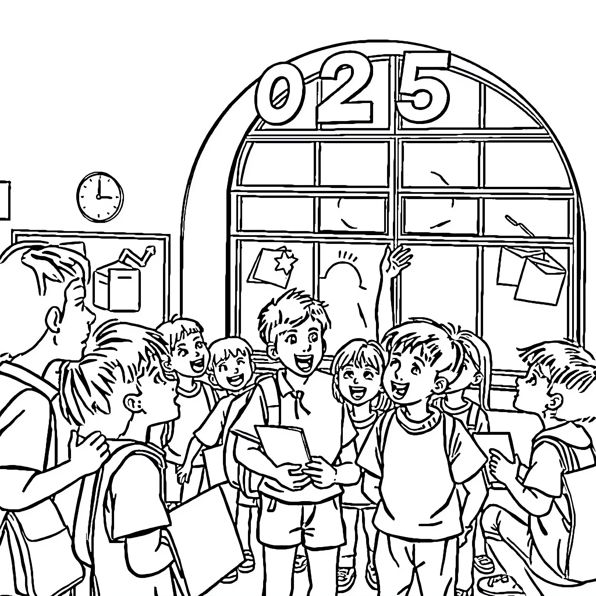 Class Scene with Excited Students and Teacher Coloring Page (free black-and-white line drawing printable PDF for all, from beginners to advanced learners, including children, teens, adults, and seniors)