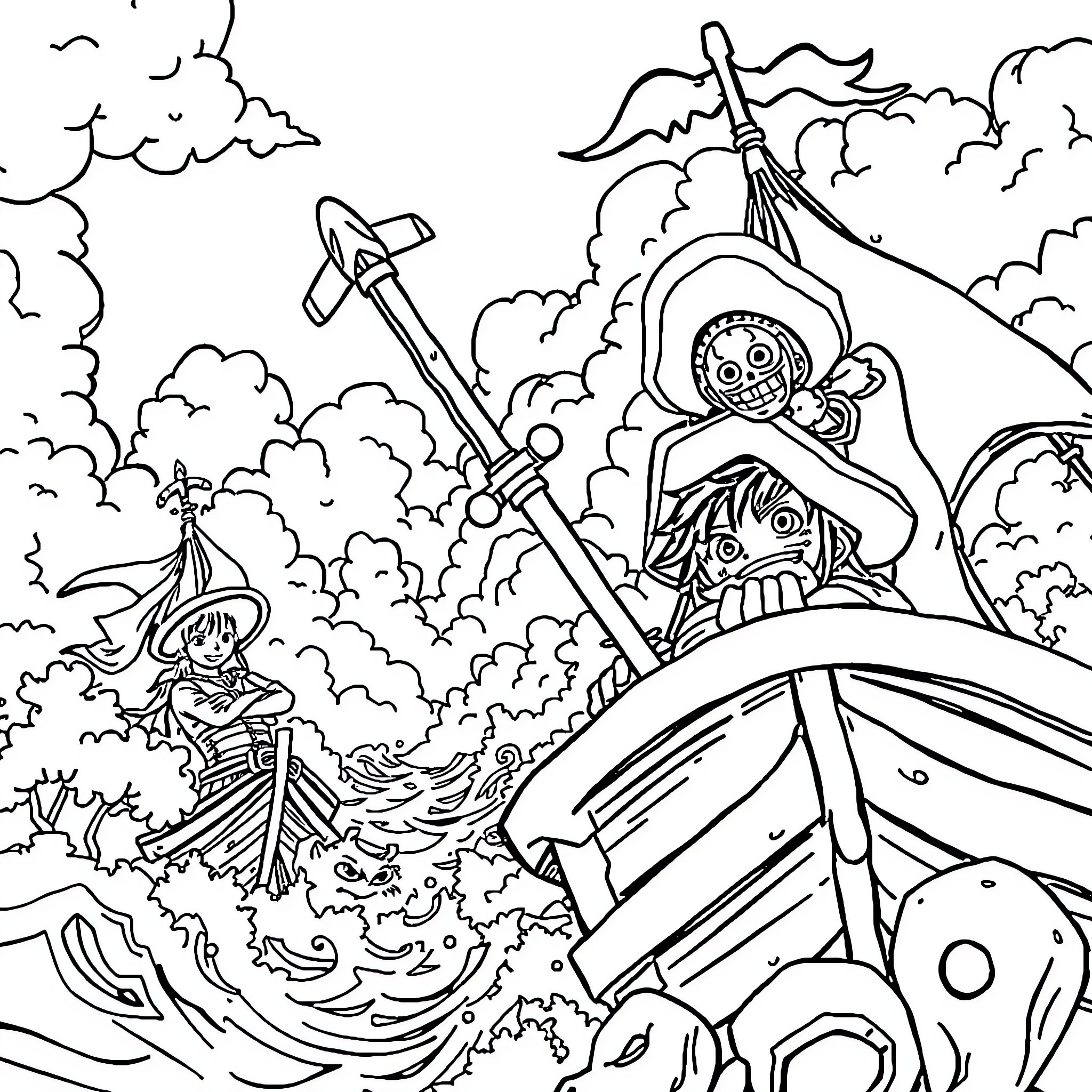 One Piece: Pirates Exploring Fantastical Seascape Coloring Page (free black-and-white line drawing printable PDF for all, from beginners to advanced learners, including children, teens, adults, and seniors)