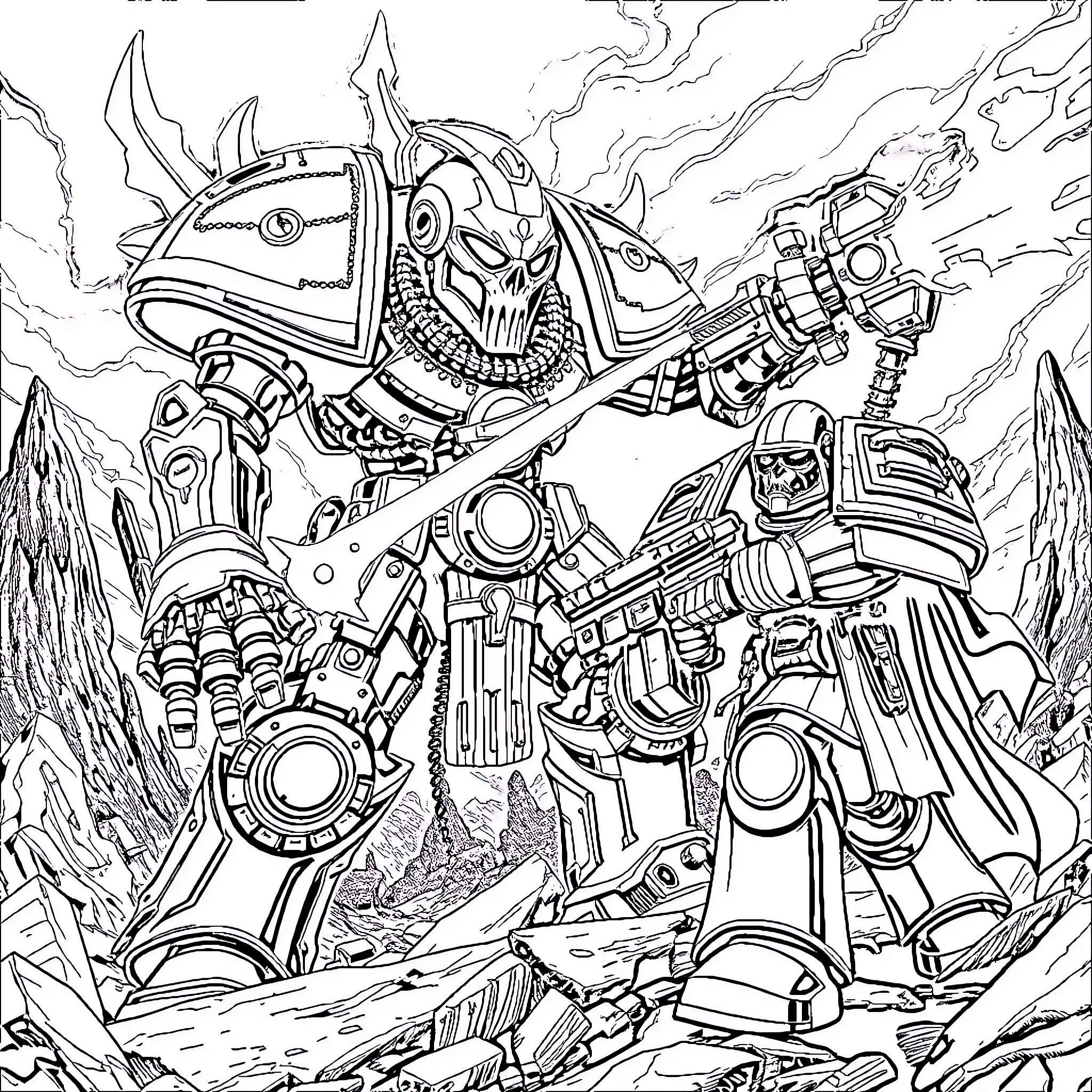 Necron Overlord Commanding Powerful Robotic Forces Coloring Page (free black-and-white line drawing printable PDF for all, from beginners to advanced learners, including children, teens, adults, and seniors)