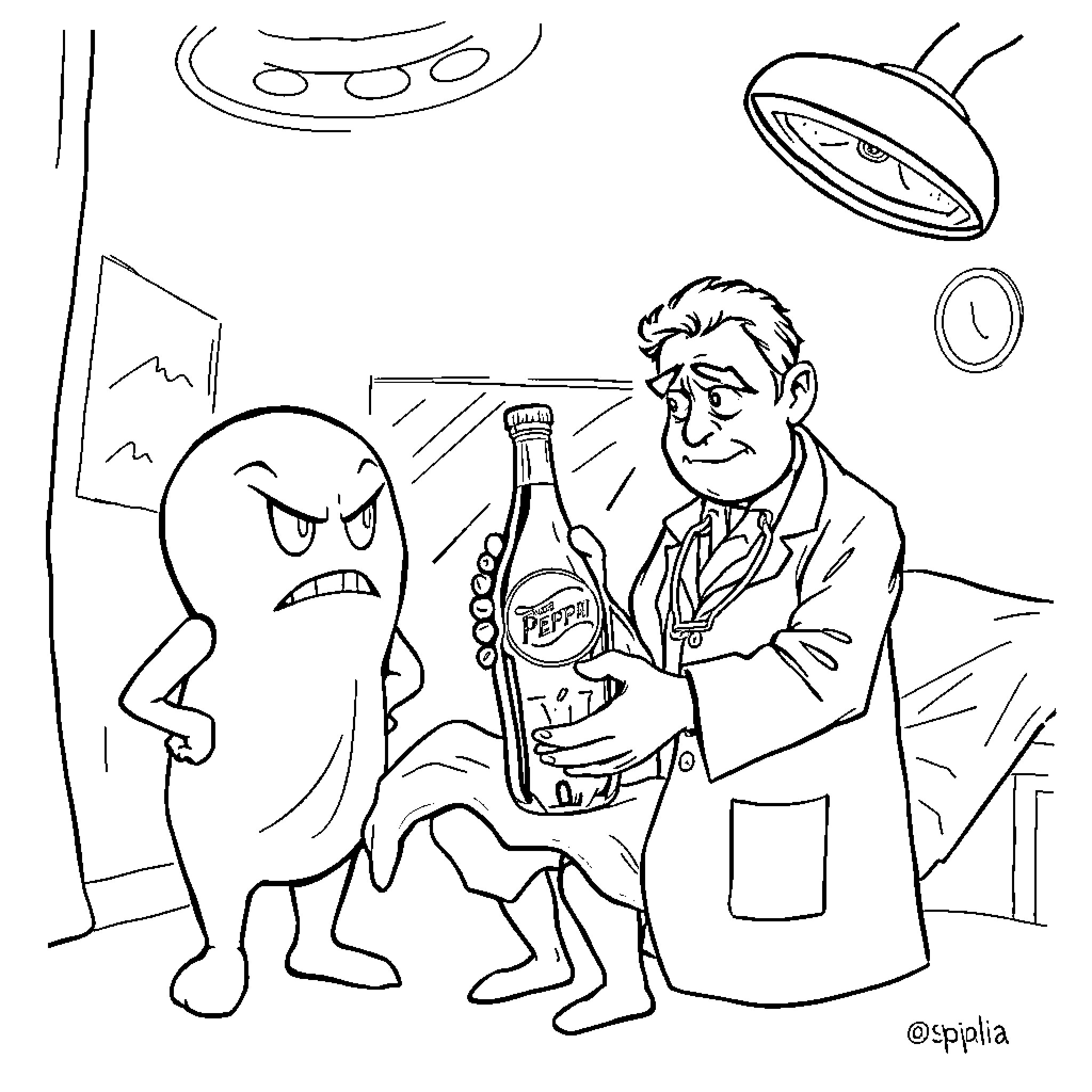 Doctor Pepper consoling a distressed patient Coloring Page (free black-and-white line drawing printable PDF for all, from beginners to advanced learners, including children, teens, adults, and seniors)