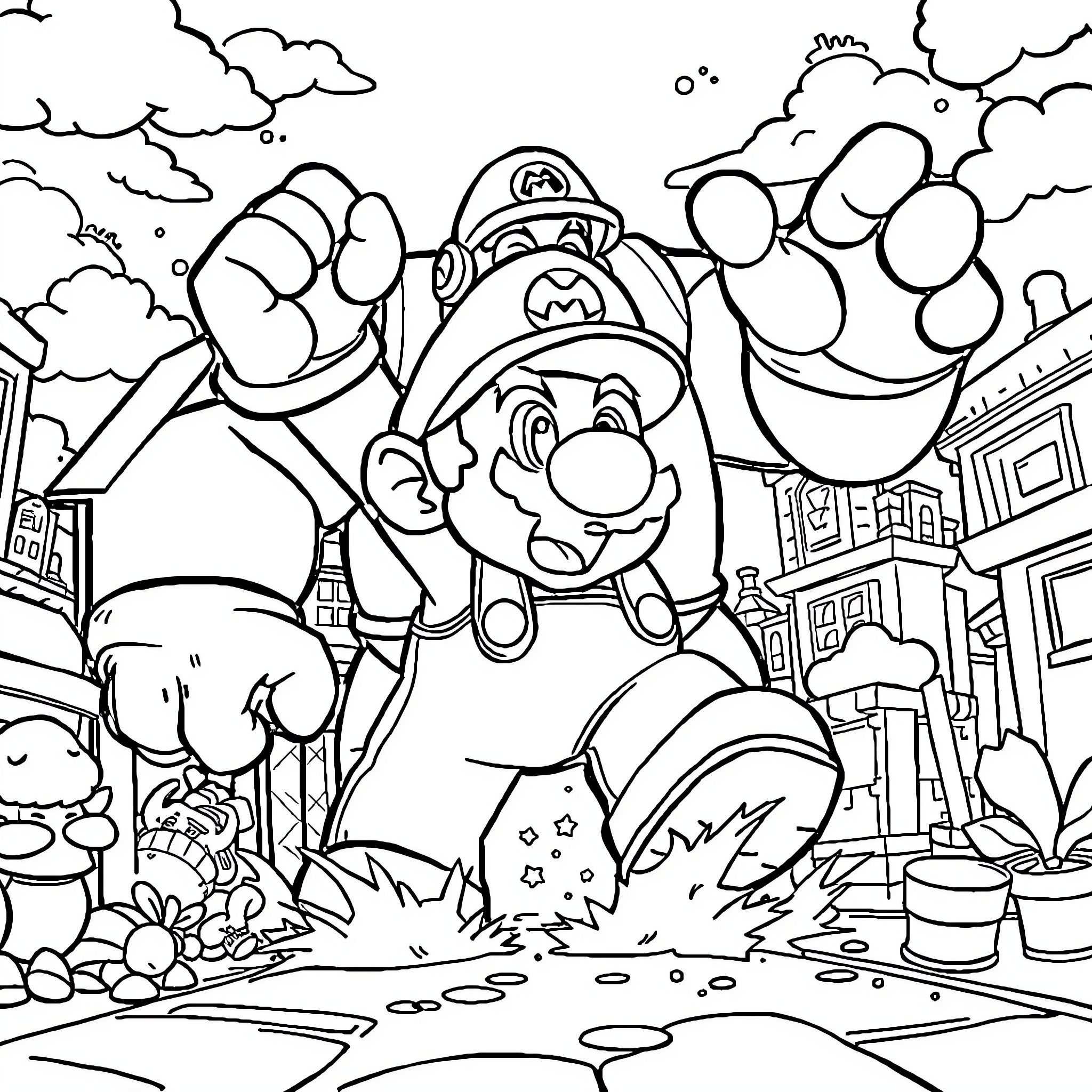 Mario's Heroic Adventure in the City Coloring Page (free black-and-white line drawing printable PDF for all, from beginners to advanced learners, including children, teens, adults, and seniors)