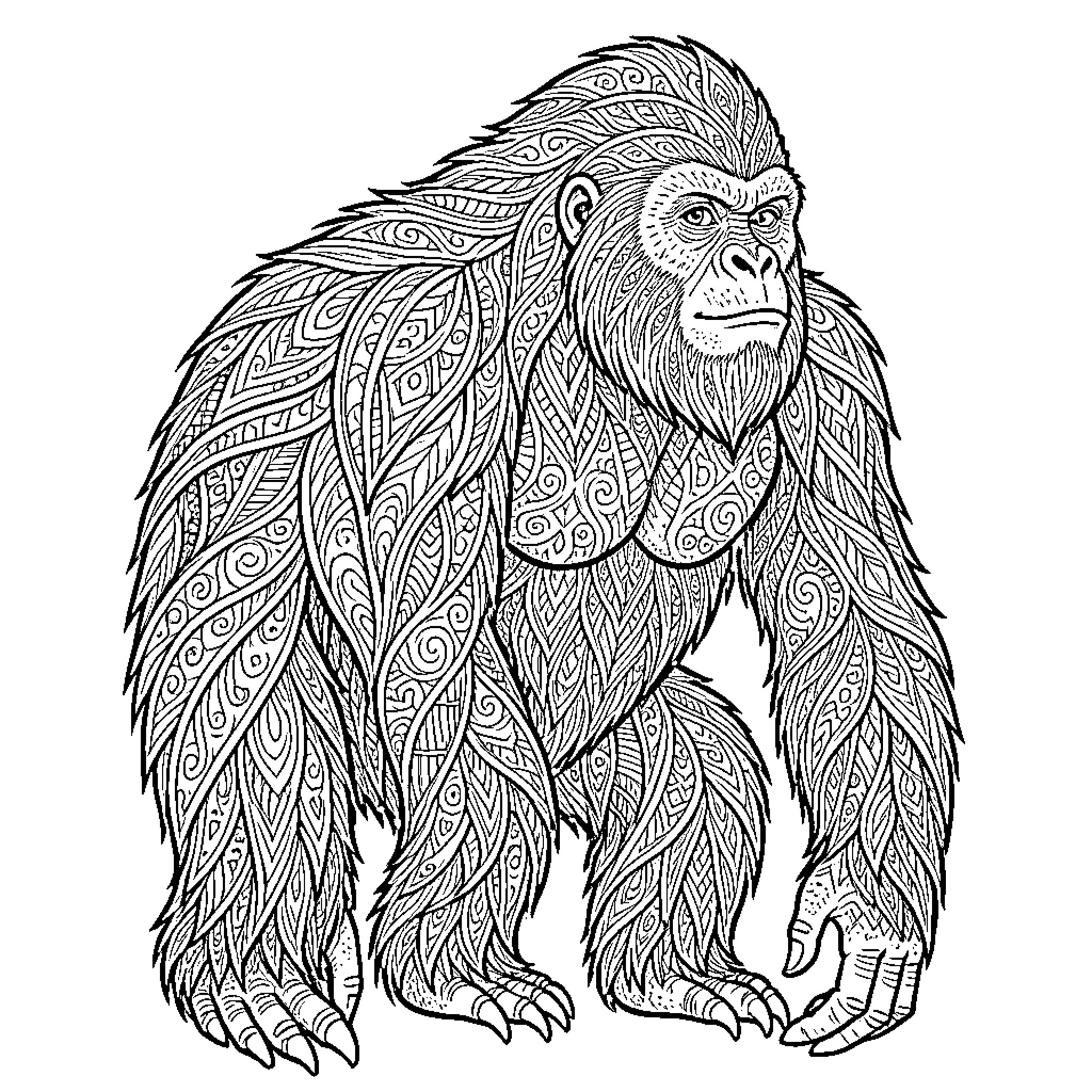 Sasquatch in ornate tribal attire Coloring Page (free black-and-white line drawing printable PDF for all, from beginners to advanced learners, including children, teens, adults, and seniors)