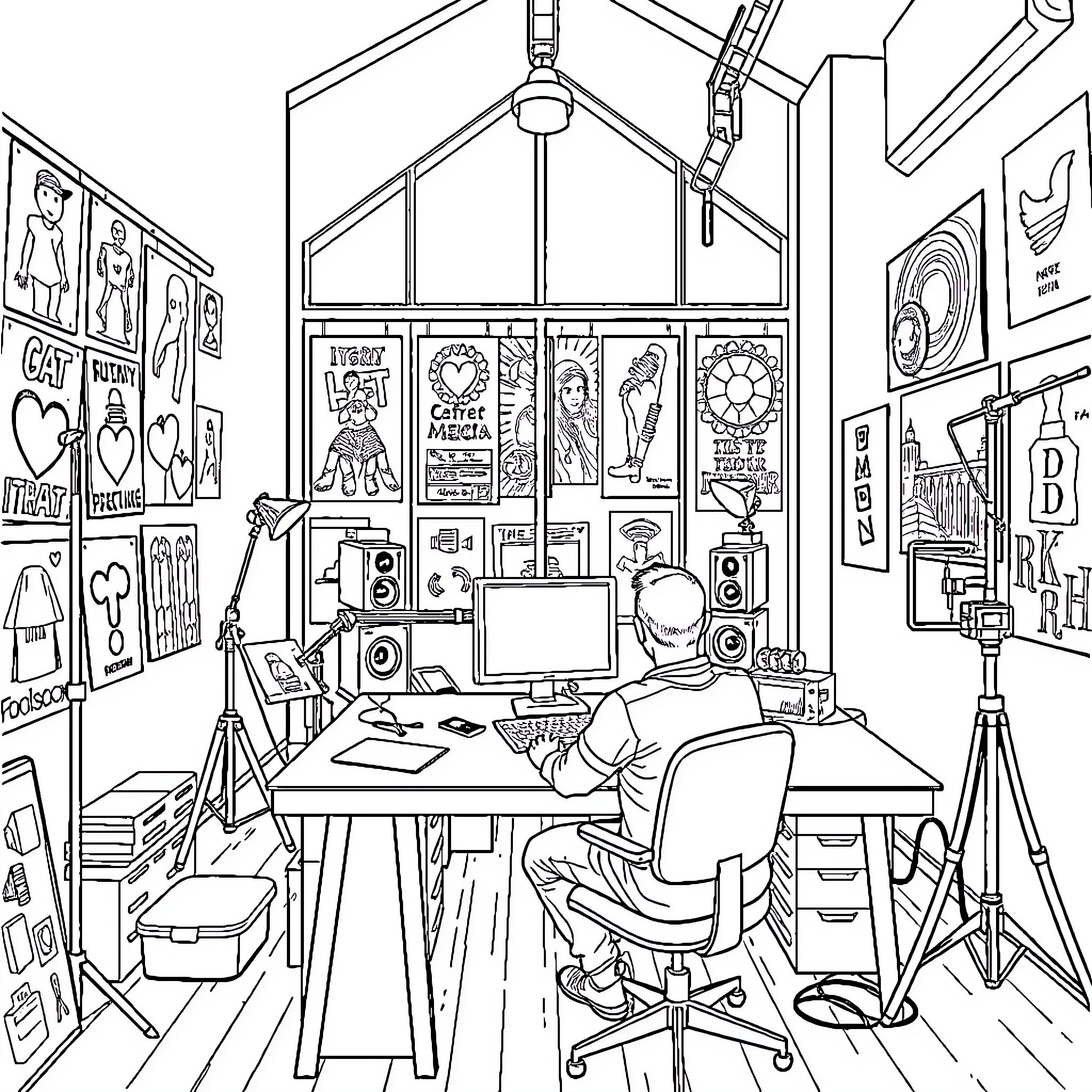 Man working diligently in his cluttered art studio Coloring Page (free black-and-white line drawing printable PDF for all, from beginners to advanced learners, including children, teens, adults, and seniors)