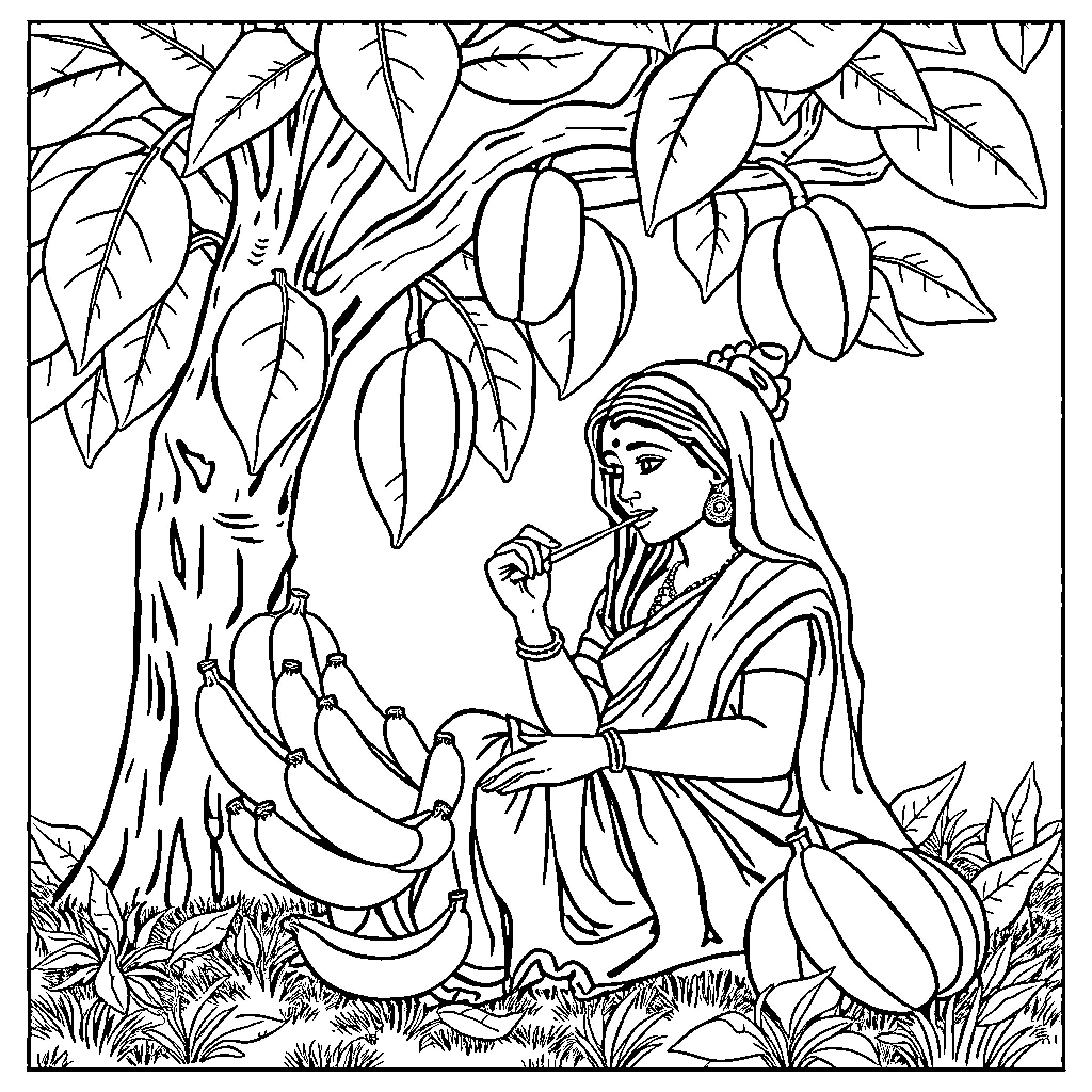 Vaïna gathering fruit from a bountiful tree Coloring Page (free black-and-white line drawing printable PDF for all, from beginners to advanced learners, including children, teens, adults, and seniors)