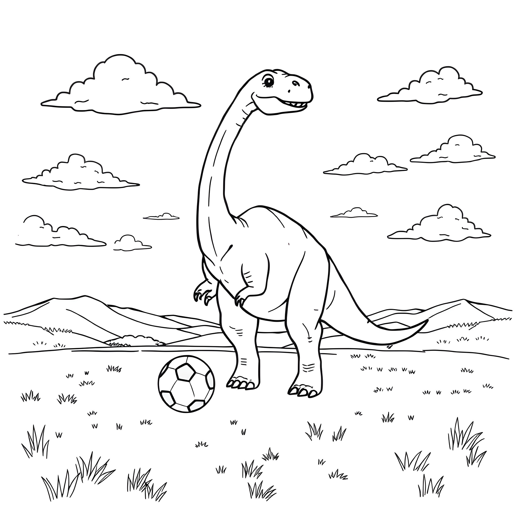 Brontosaurus playing with a soccer ball in a meadow Coloring Page (free black-and-white line drawing printable PDF for all, from beginners to advanced learners, including children, teens, adults, and seniors)