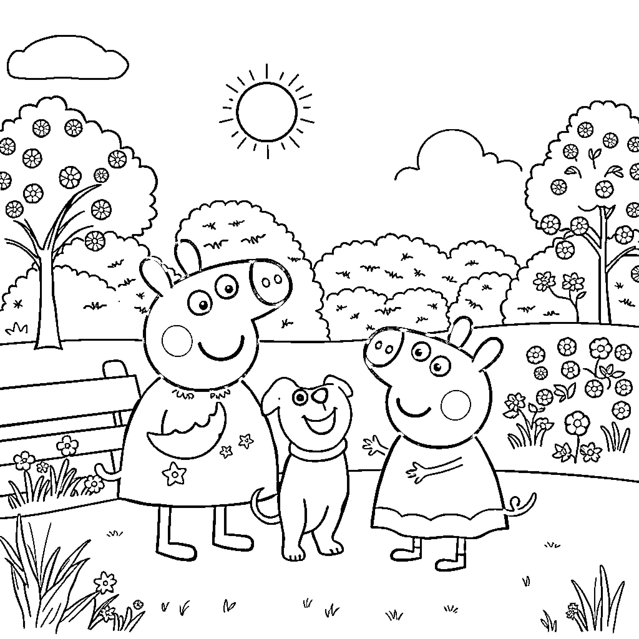 Peppa Pig and Family Enjoying Outdoor Scene Coloring Page (free black-and-white line drawing printable PDF for all, from beginners to advanced learners, including children, teens, adults, and seniors)