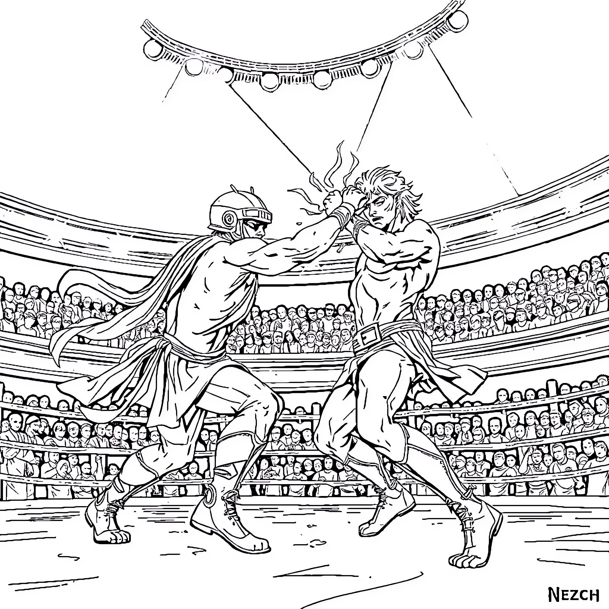Medusa's Mythical Showdown in the Arena Coloring Page (free black-and-white line drawing printable PDF for all, from beginners to advanced learners, including children, teens, adults, and seniors)