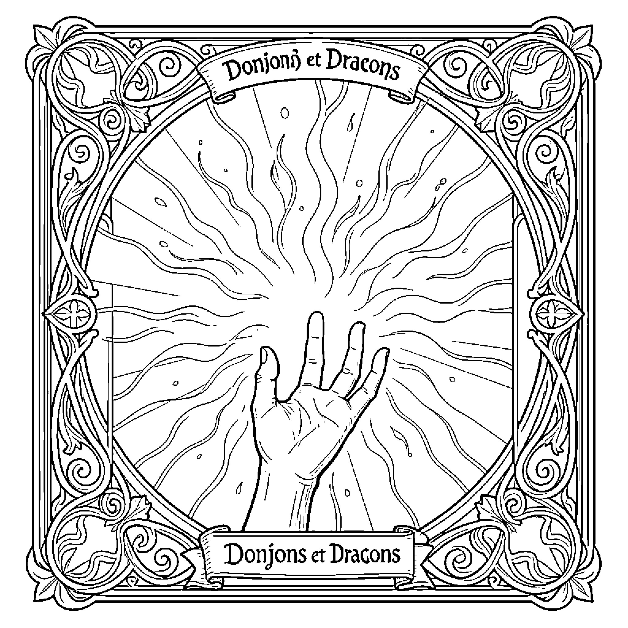 Card of Fantasy Creatures and Symbols Coloring Page (free black-and-white line drawing printable PDF for all, from beginners to advanced learners, including children, teens, adults, and seniors)