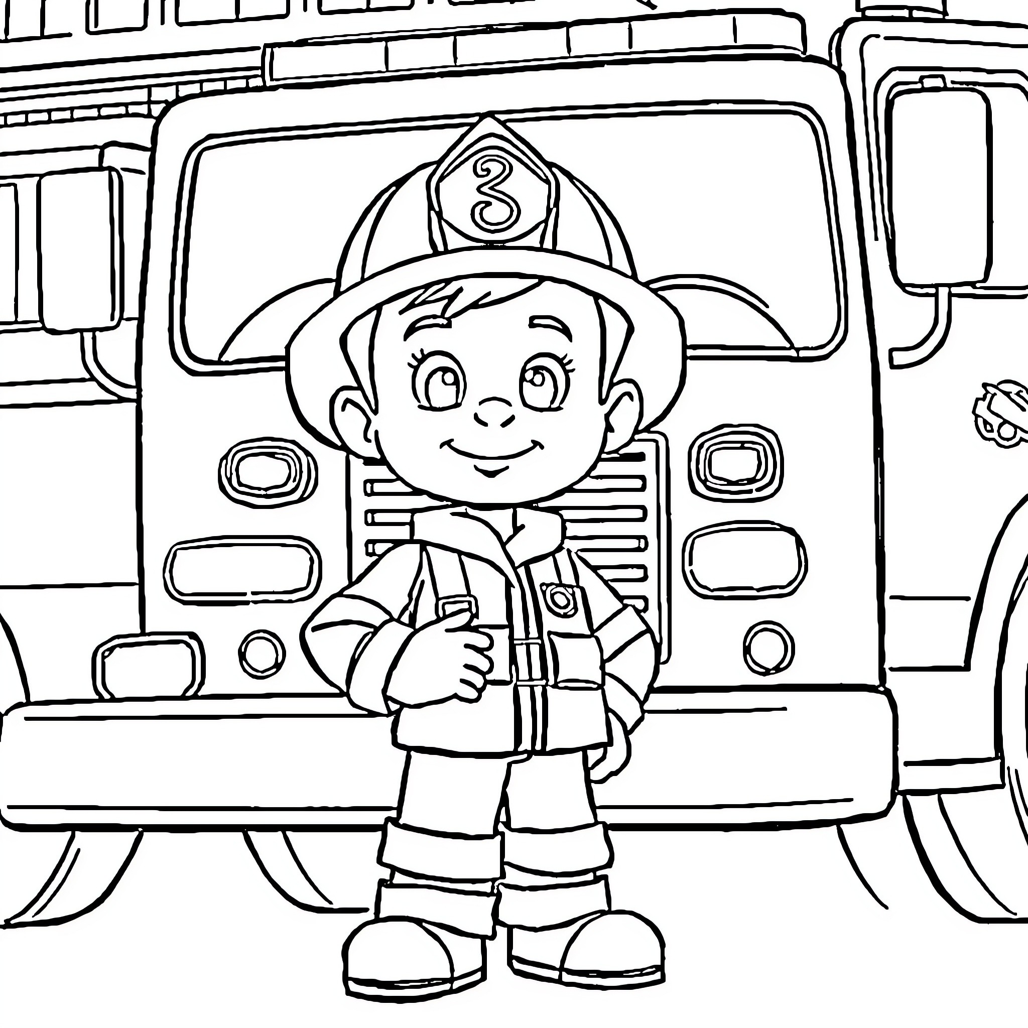 Fireman helping near fire truck Coloring Page (free black-and-white line drawing printable PDF for all, from beginners to advanced learners, including children, teens, adults, and seniors)