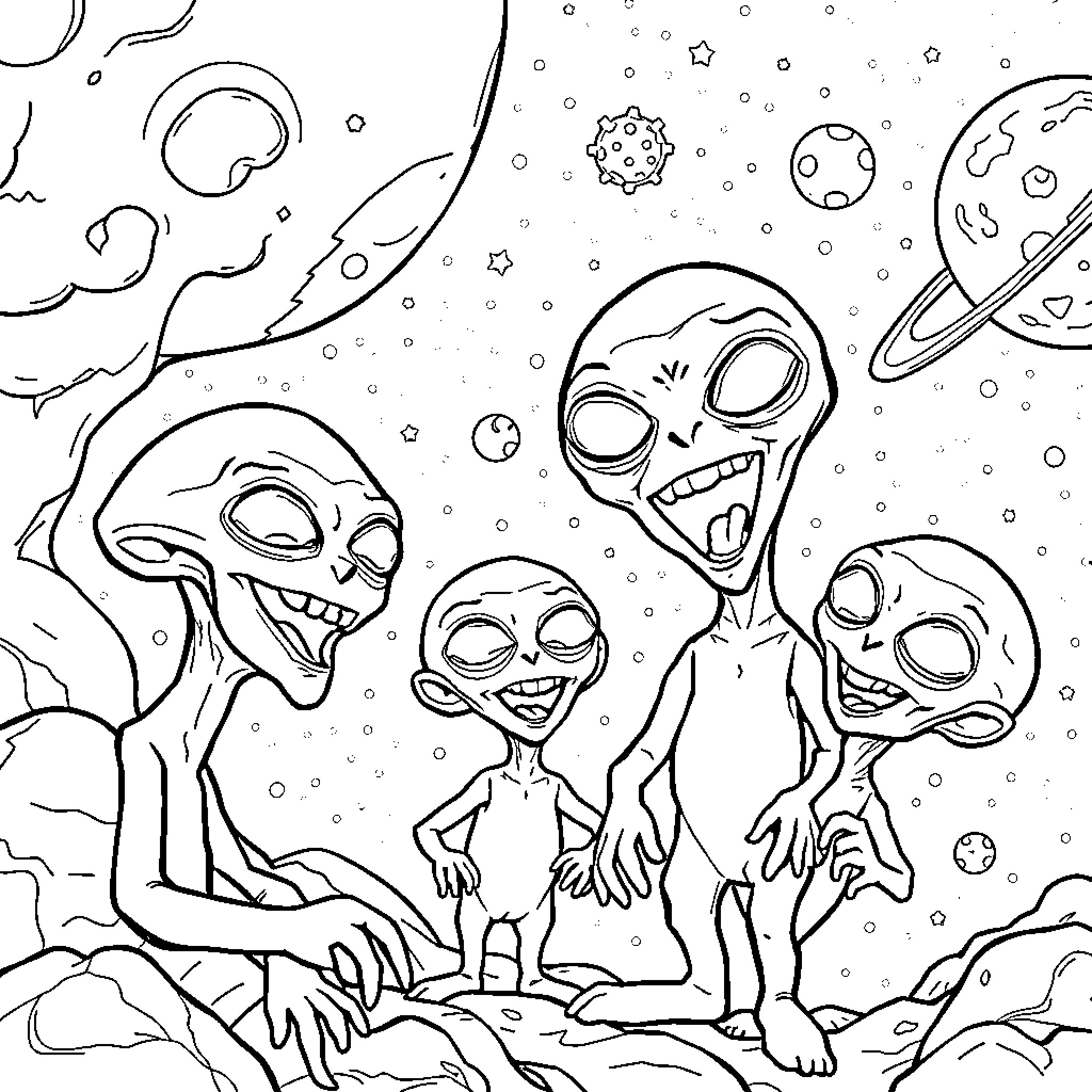 LOL Alien Creatures Celebrating in the Cosmos Coloring Page (free black-and-white line drawing printable PDF for all, from beginners to advanced learners, including children, teens, adults, and seniors)