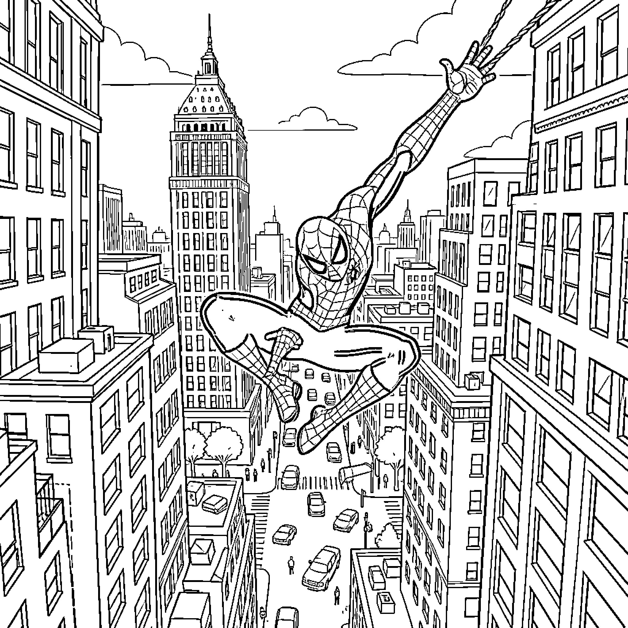 Spiderman swinging through a busy city skyline Coloring Page (free black-and-white line drawing printable PDF for all, from beginners to advanced learners, including children, teens, adults, and seniors)