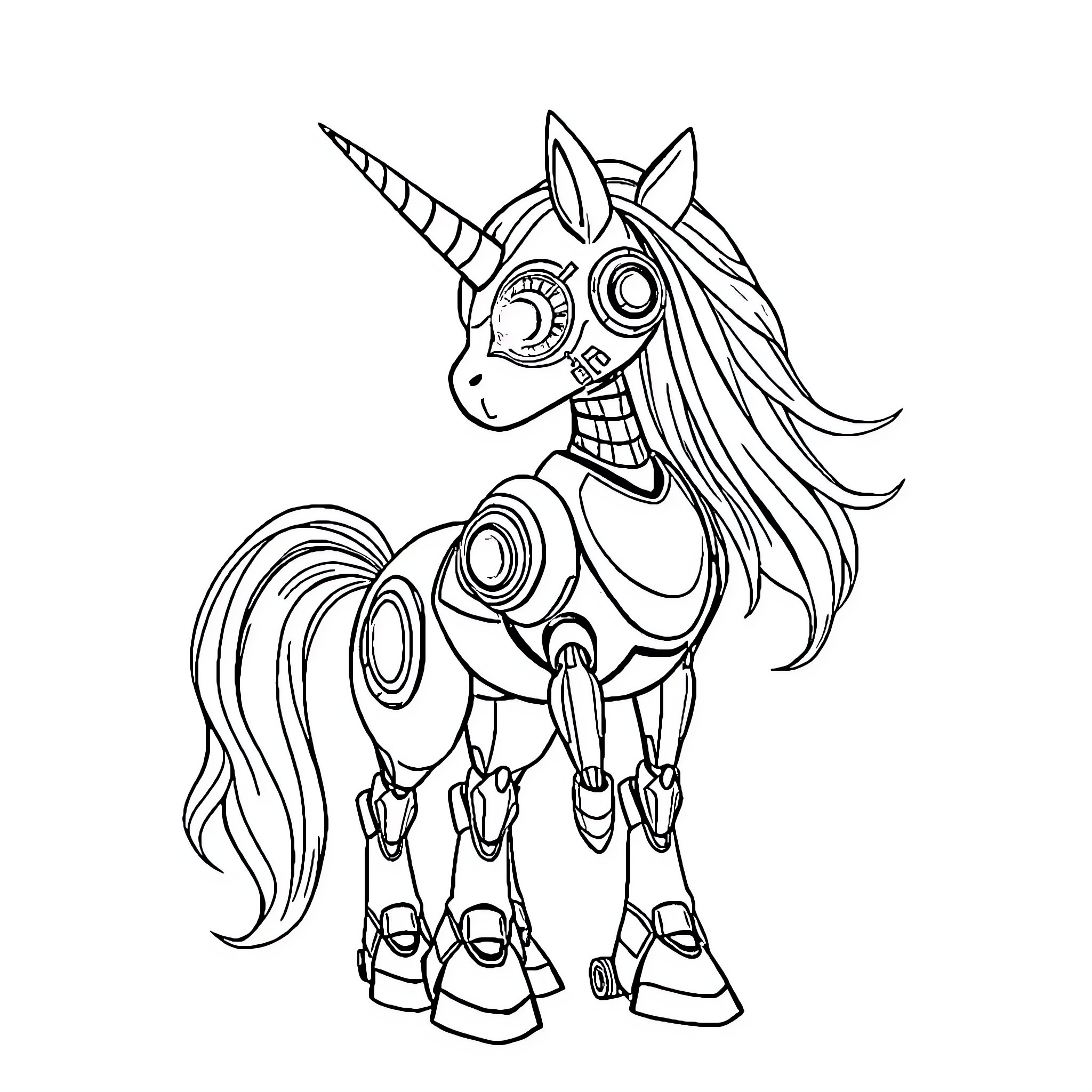 Robot Unicorn with Mechanical Features Coloring Page (free black-and-white line drawing printable PDF for all, from beginners to advanced learners, including children, teens, adults, and seniors)