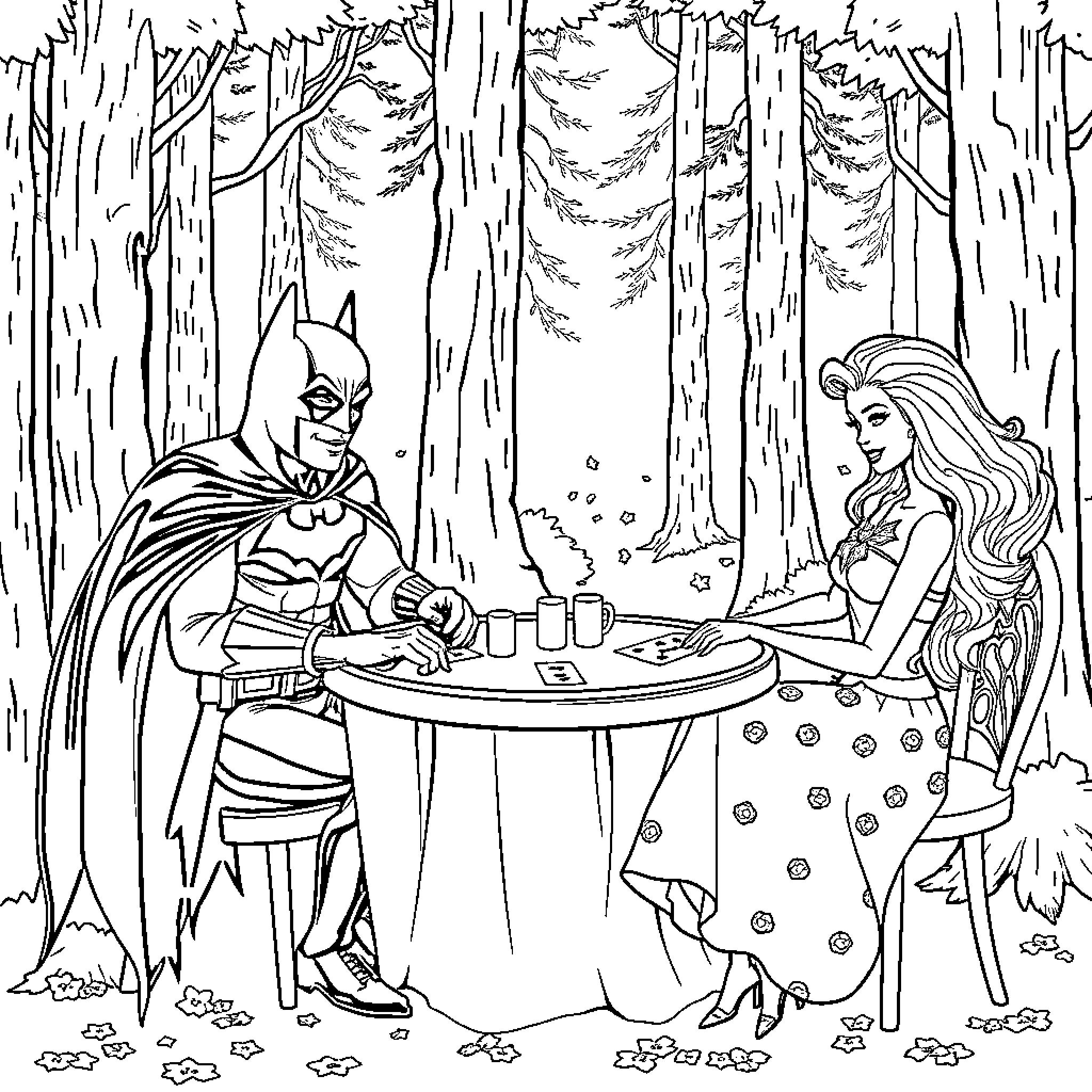 Barbie and Batman enjoying a picnic in the forest Coloring Page (free black-and-white line drawing printable PDF for all, from beginners to advanced learners, including children, teens, adults, and seniors)