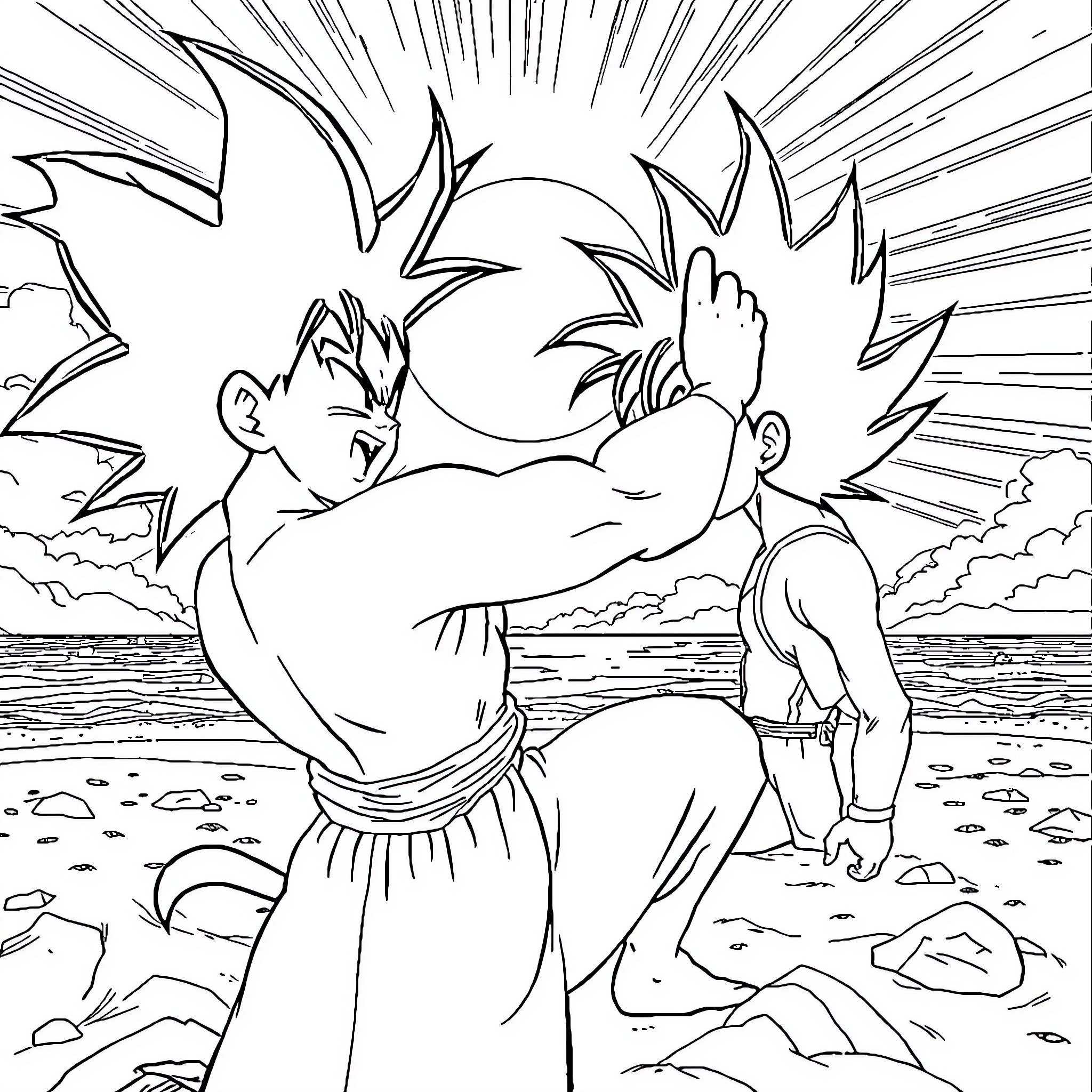 Goku's Powerful Transformation in the Iconic Landscape Coloring Page (free black-and-white line drawing printable PDF for all, from beginners to advanced learners, including children, teens, adults, and seniors)