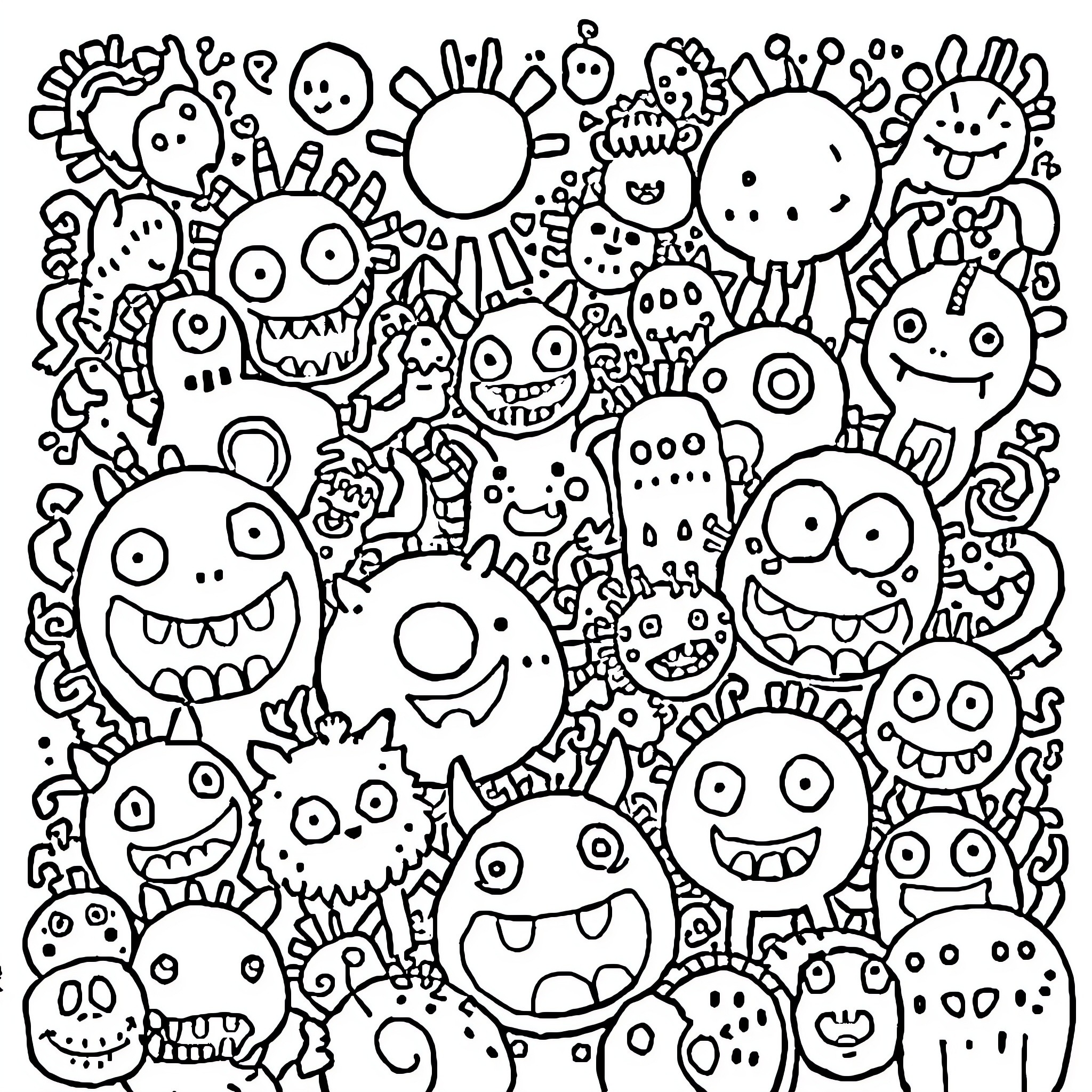 Monster crowd of funny and expressive characters Coloring Page (free black-and-white line drawing printable PDF for all, from beginners to advanced learners, including children, teens, adults, and seniors)