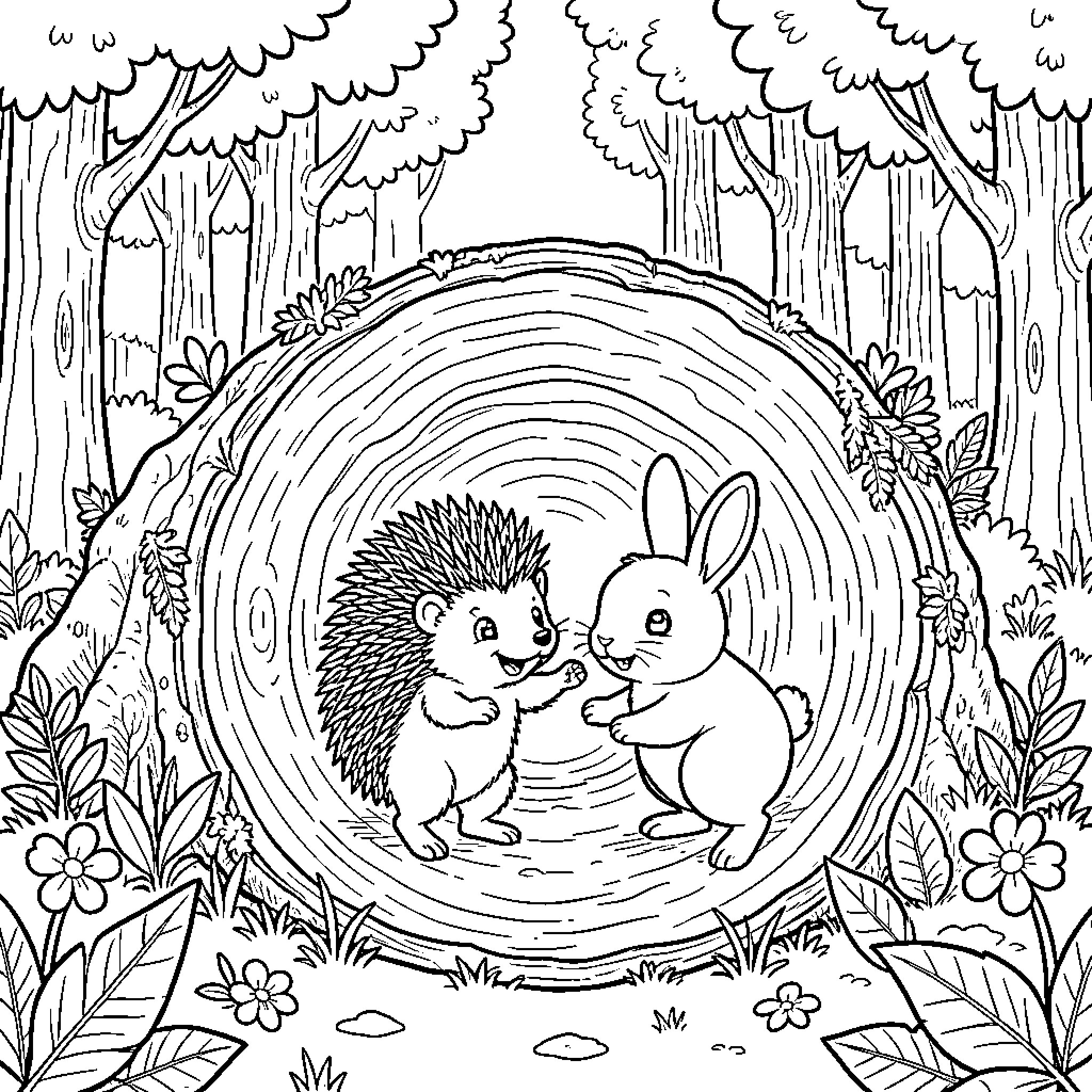 Erizo friends enjoying nature in the forest Coloring Page (free black-and-white line drawing printable PDF for all, from beginners to advanced learners, including children, teens, adults, and seniors)