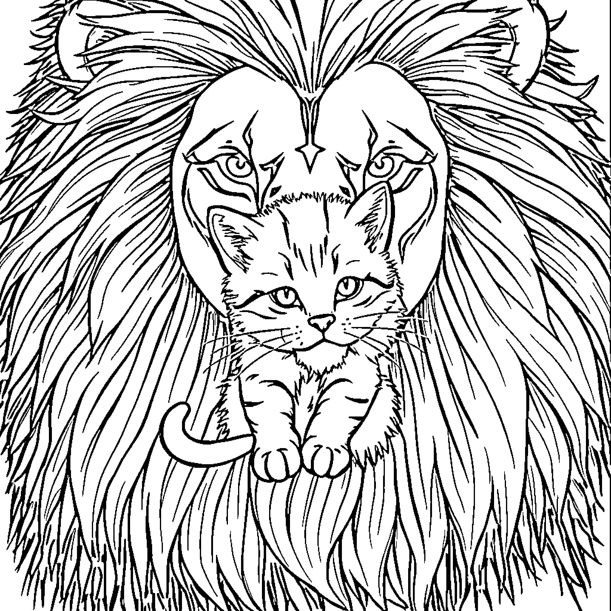 Chat with a Curious Feline Coloring Page (free black-and-white line drawing printable PDF for all, from beginners to advanced learners, including children, teens, adults, and seniors)