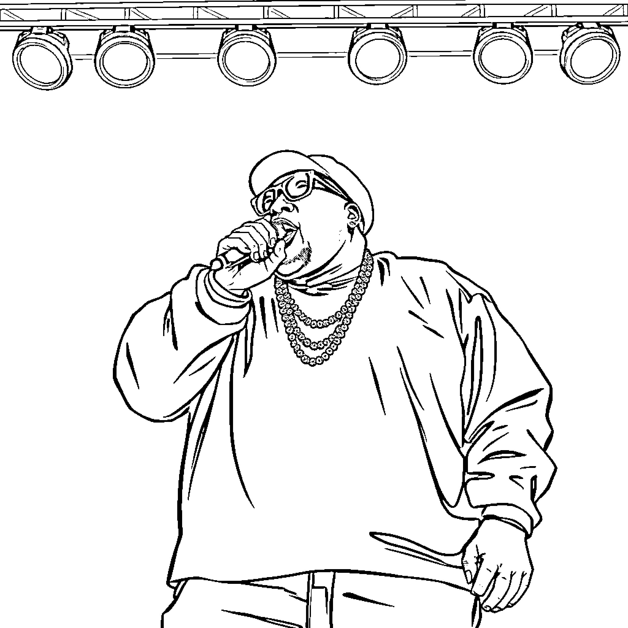 Notorious BIG performing on stage with hip hop style Coloring Page (free black-and-white line drawing printable PDF for all, from beginners to advanced learners, including children, teens, adults, and seniors)