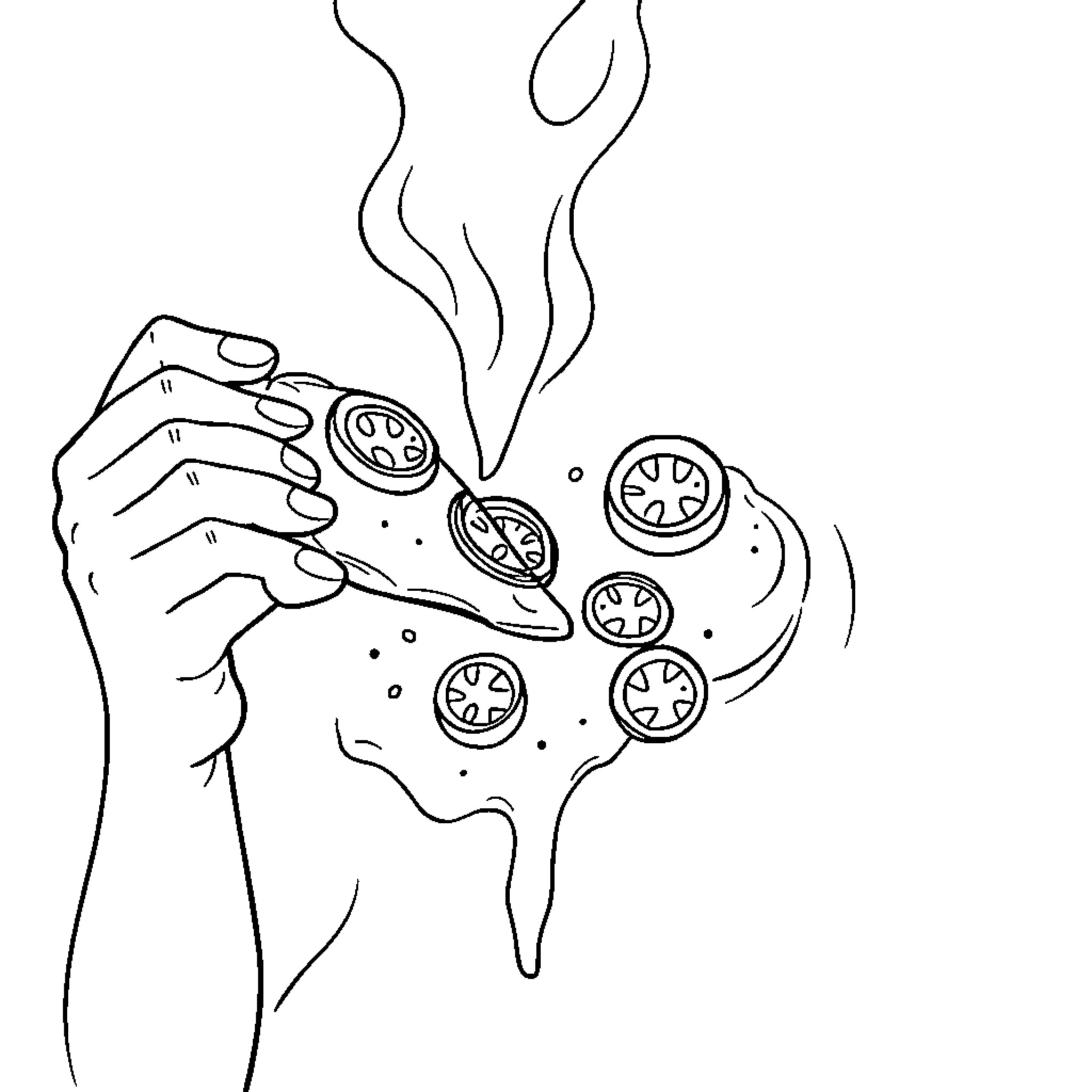 Pizza Slice Dripping with Toppings Coloring Page (free black-and-white line drawing printable PDF for all, from beginners to advanced learners, including children, teens, adults, and seniors)