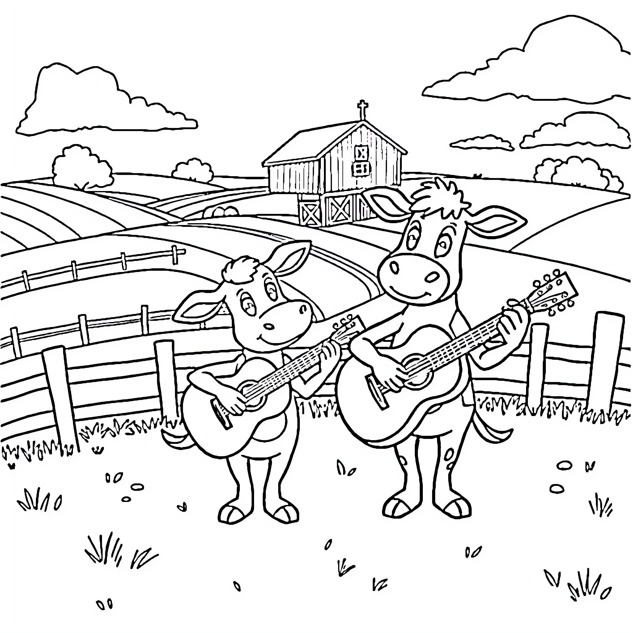 Bluey and friends enjoy a musical performance on the farm Coloring Page (free black-and-white line drawing printable PDF for all, from beginners to advanced learners, including children, teens, adults, and seniors)