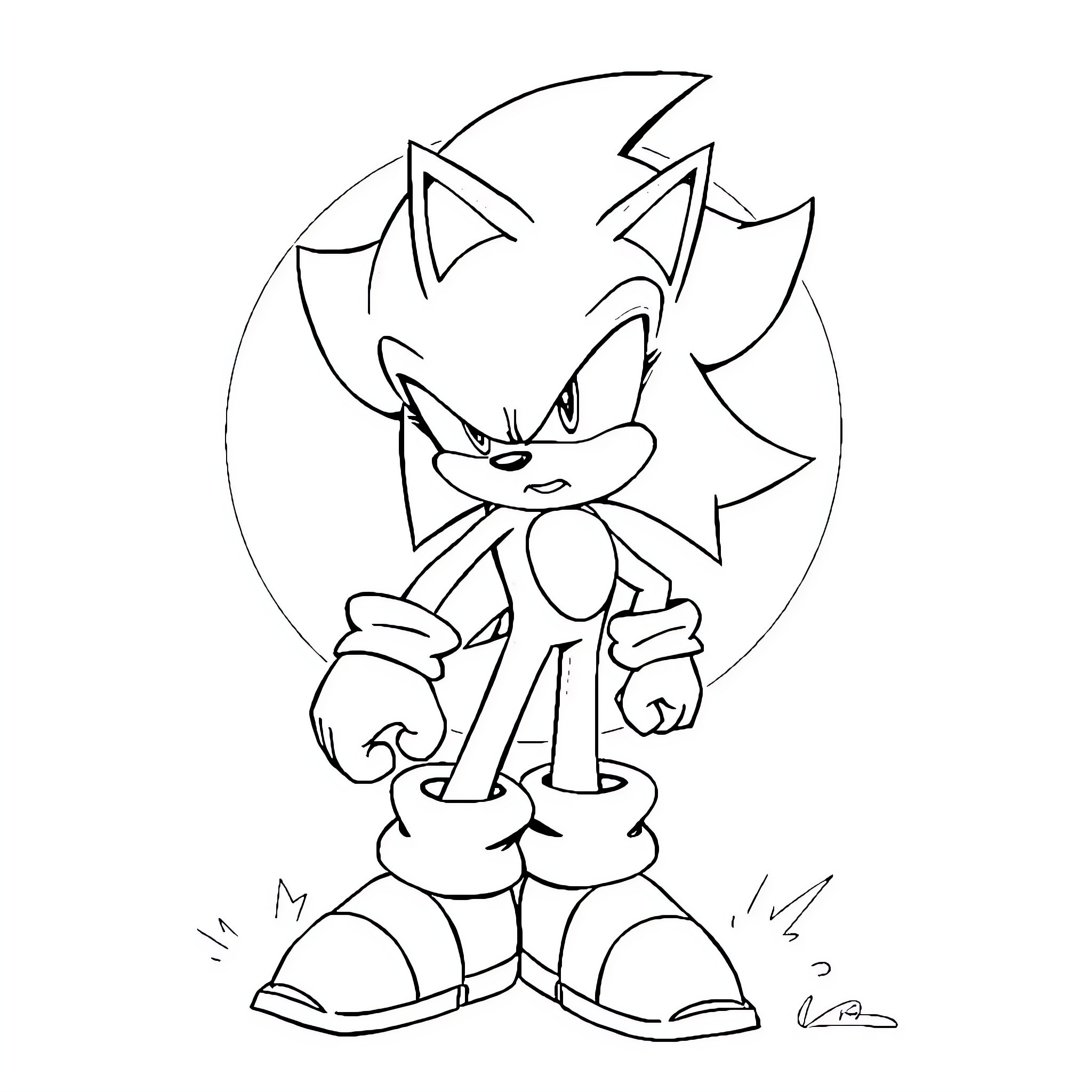 Sonic the Hedgehog in a playful pose Coloring Page (free black-and-white line drawing printable PDF for all, from beginners to advanced learners, including children, teens, adults, and seniors)