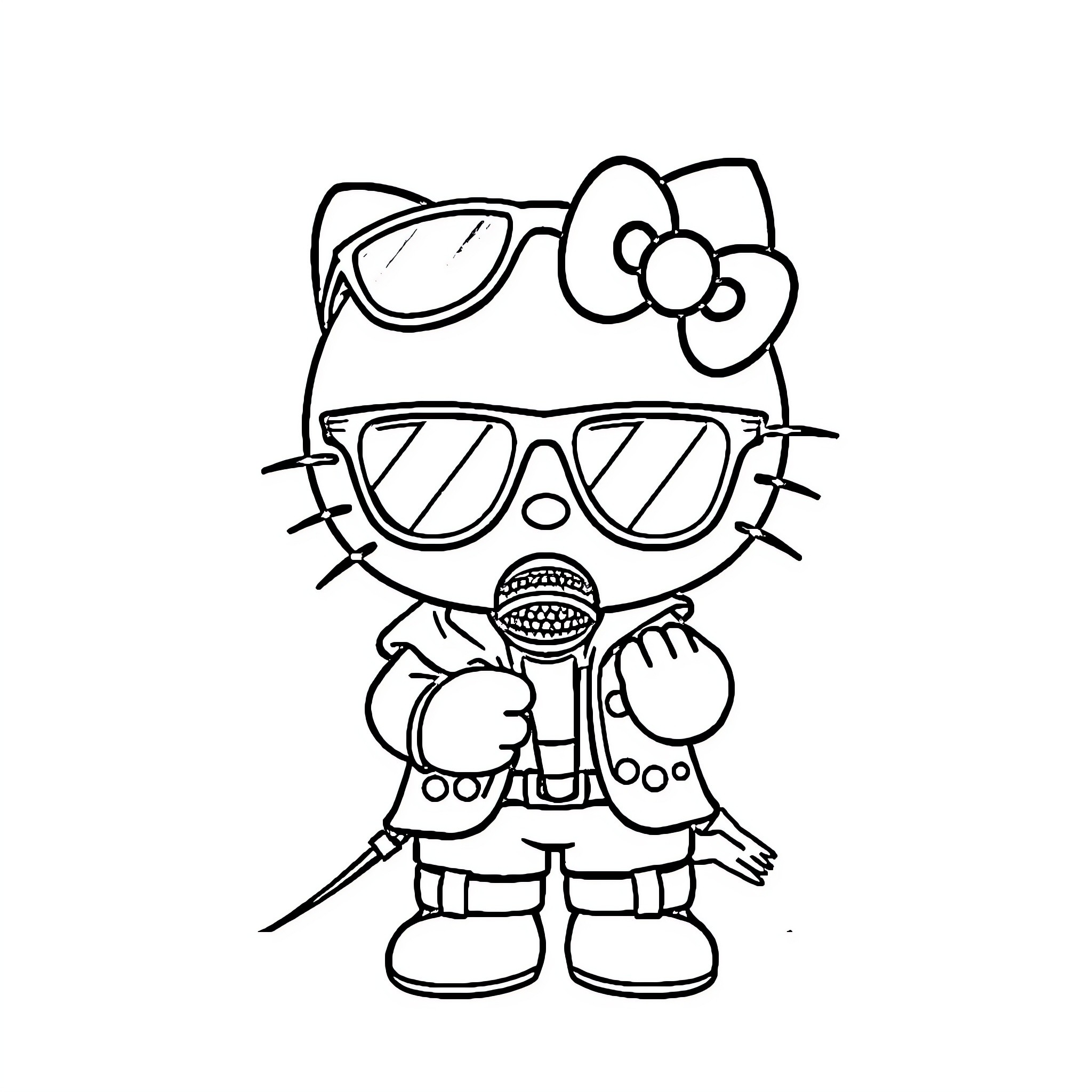Hello Kitty wearing stylish sunglasses and holding a microphone Coloring Page (free black-and-white line drawing printable PDF for all, from beginners to advanced learners, including children, teens, adults, and seniors)