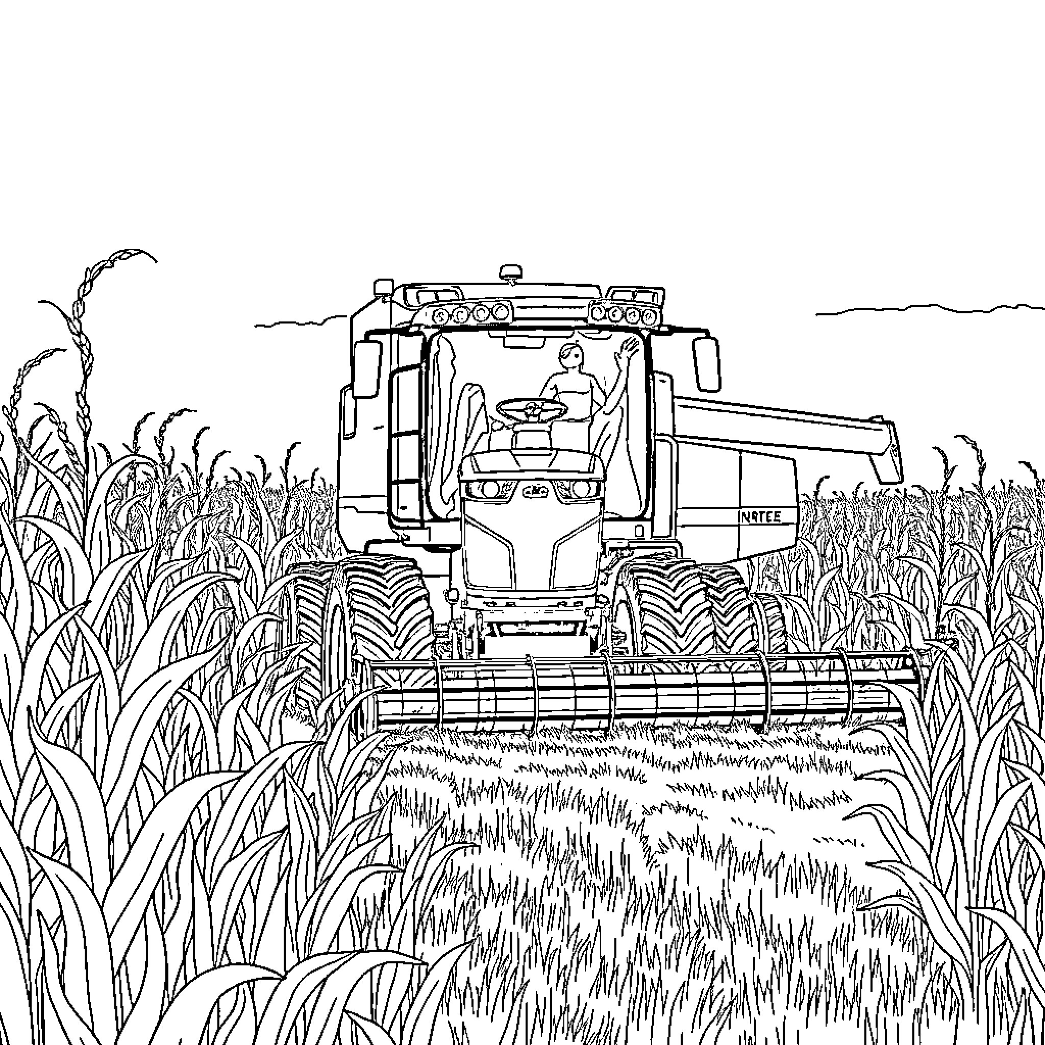 Tractor harvesting crops in the field Coloring Page (free black-and-white line drawing printable PDF for all, from beginners to advanced learners, including children, teens, adults, and seniors)