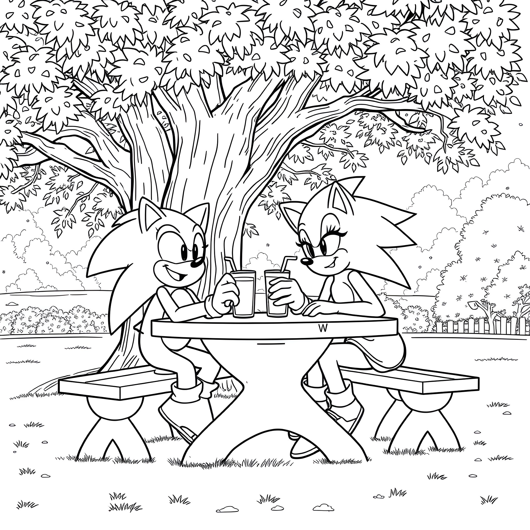 Sonic Characters Playing in the Outdoor Park Coloring Page (free black-and-white line drawing printable PDF for all, from beginners to advanced learners, including children, teens, adults, and seniors)